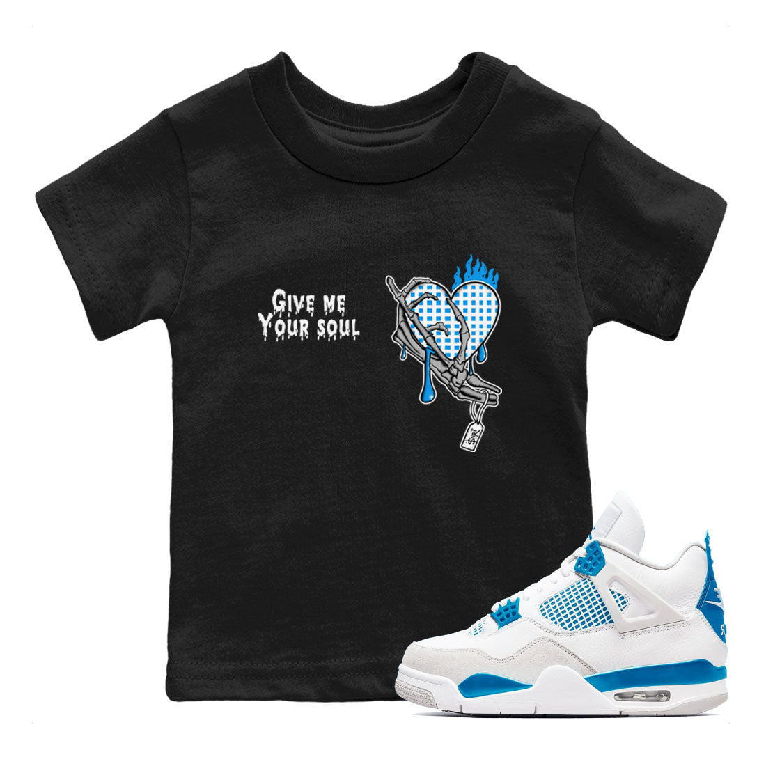 4s Military Blue shirts to match jordans Give Me Your Soul unique Halloween sneaker tee Air Jordan 4 Military Blue SNRT Sneaker Release Tees Youth Baby Black 1 crew neck shirts