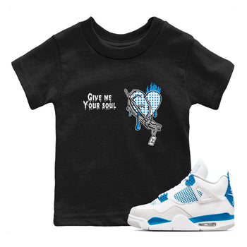 4s Military Blue shirts to match jordans Give Me Your Soul unique Halloween sneaker tee Air Jordan 4 Military Blue SNRT Sneaker Release Tees Youth Baby Black 1 crew neck shirts