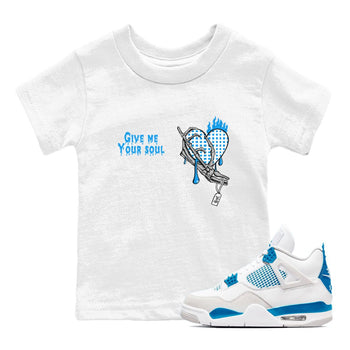 4s Military Blue shirts to match jordans Give Me Your Soul unique Halloween sneaker tee Air Jordan 4 Military Blue SNRT Sneaker Release Tees Youth Baby White 1 crew neck shirts
