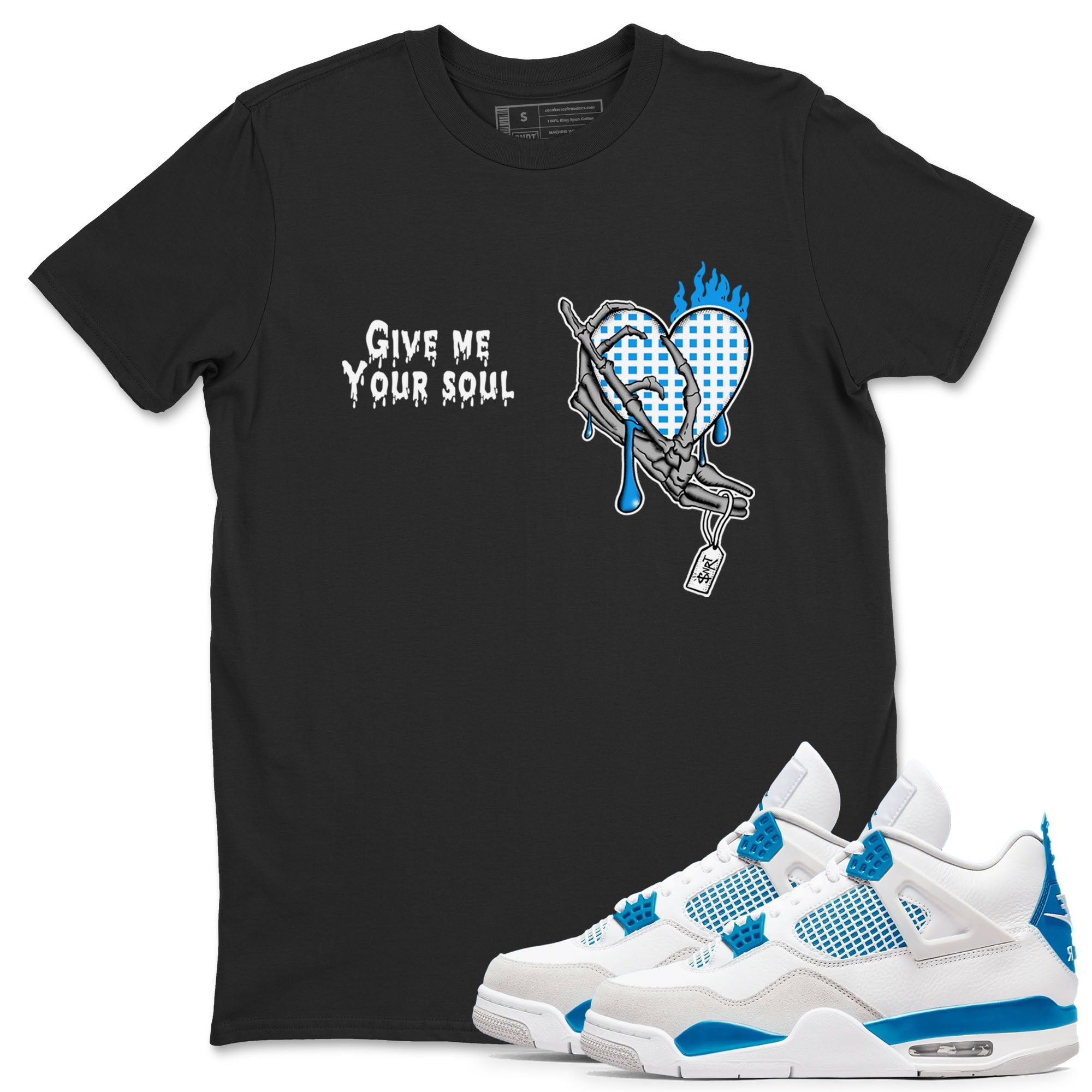 4s Military Blue shirts to match jordans Give Me Your Soul unique Halloween sneaker tee Air Jordan 4 Military Blue SNRT Sneaker Release Tees unisex cotton Black 1 crew neck shirts