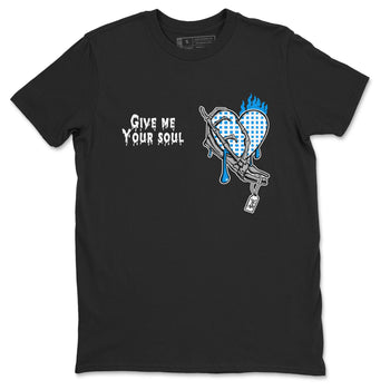 4s Military Blue shirts to match jordans Give Me Your Soul unique Halloween sneaker tee Air Jordan 4 Military Blue SNRT Sneaker Release Tees unisex cotton Black 2 crew neck shirts