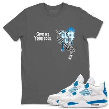 4s Military Blue shirts to match jordans Give Me Your Soul unique Halloween sneaker tee Air Jordan 4 Military Blue SNRT Sneaker Release Tees unisex cotton Cool Grey 1 crew neck shirts
