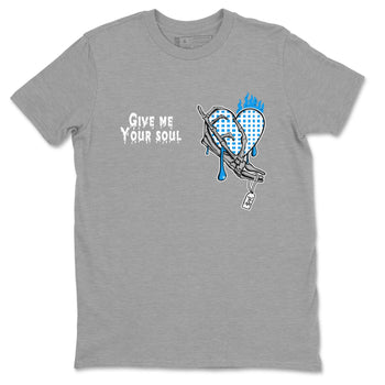 4s Military Blue shirts to match jordans Give Me Your Soul unique Halloween sneaker tee Air Jordan 4 Military Blue SNRT Sneaker Release Tees unisex cotton Heather Grey 2 crew neck shirts