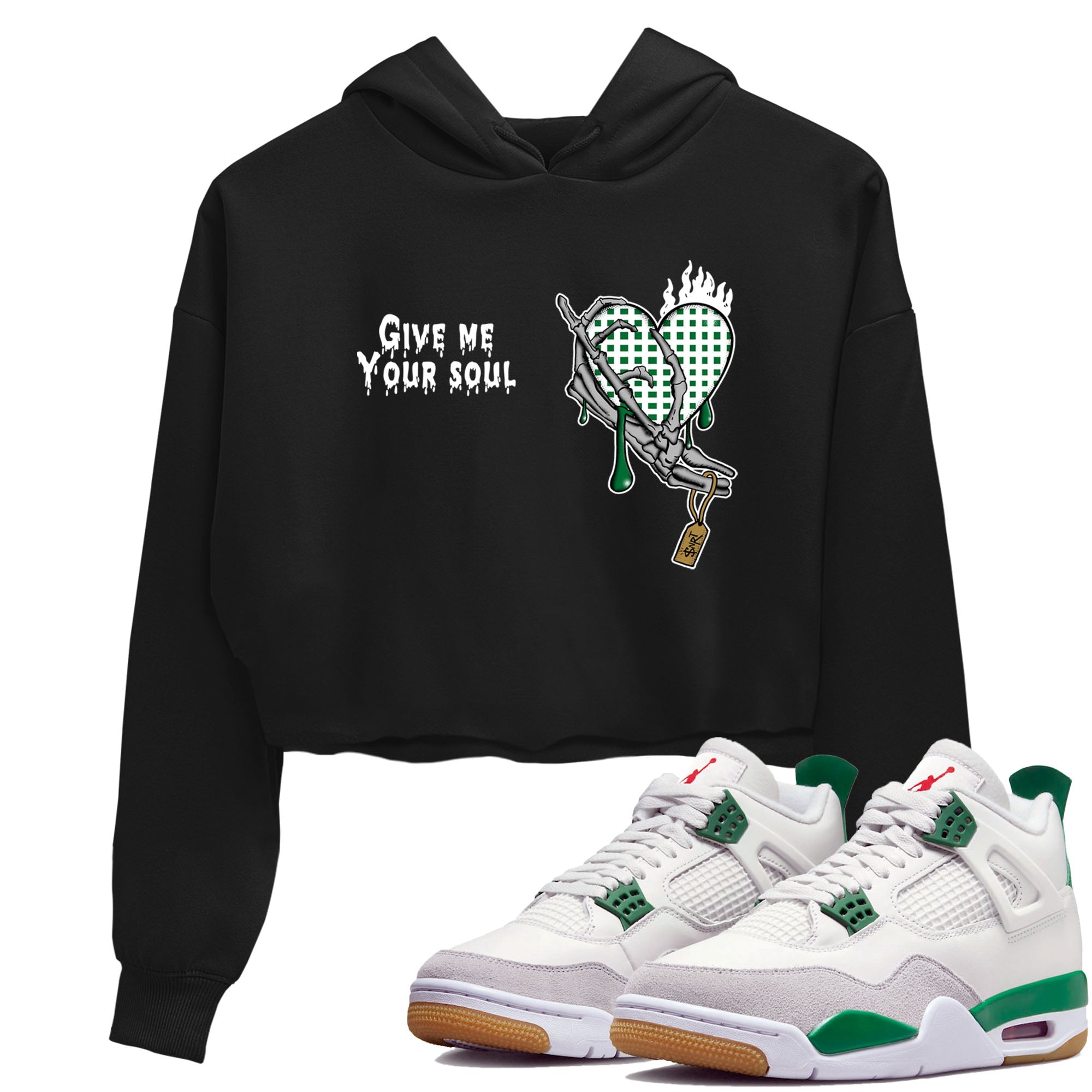 4s Pine Green shirts to match jordans Give Me Your Soul unique Halloween sneaker tee Air Jordan 4 Pine Green SNRT Sneaker Release Tees unisex cotton Black 1 Crop Shirts
