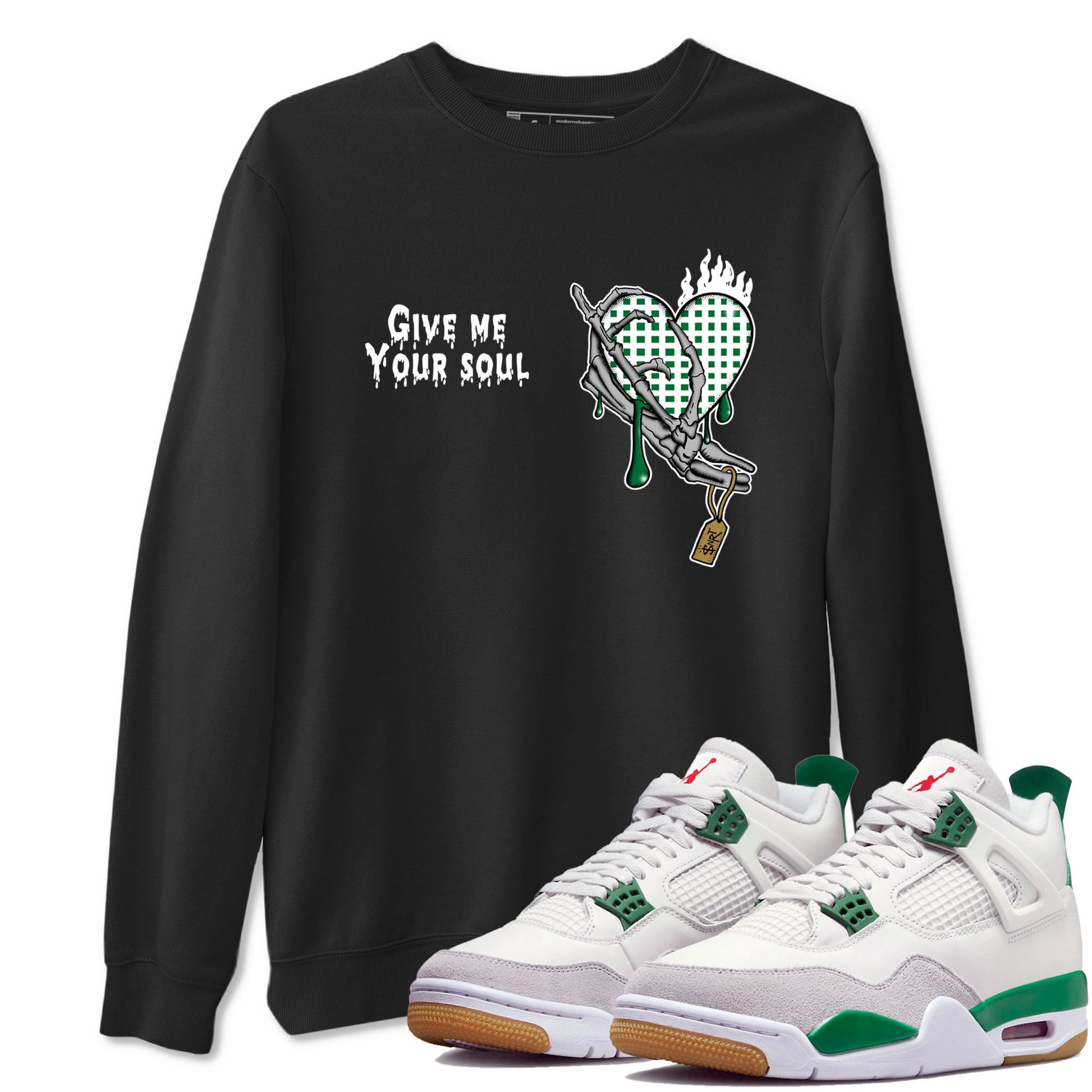 4s Pine Green shirts to match jordans Give Me Your Soul unique Halloween sneaker tee Air Jordan 4 Pine Green SNRT Sneaker Release Tees unisex cotton Black 1 crew neck shirts