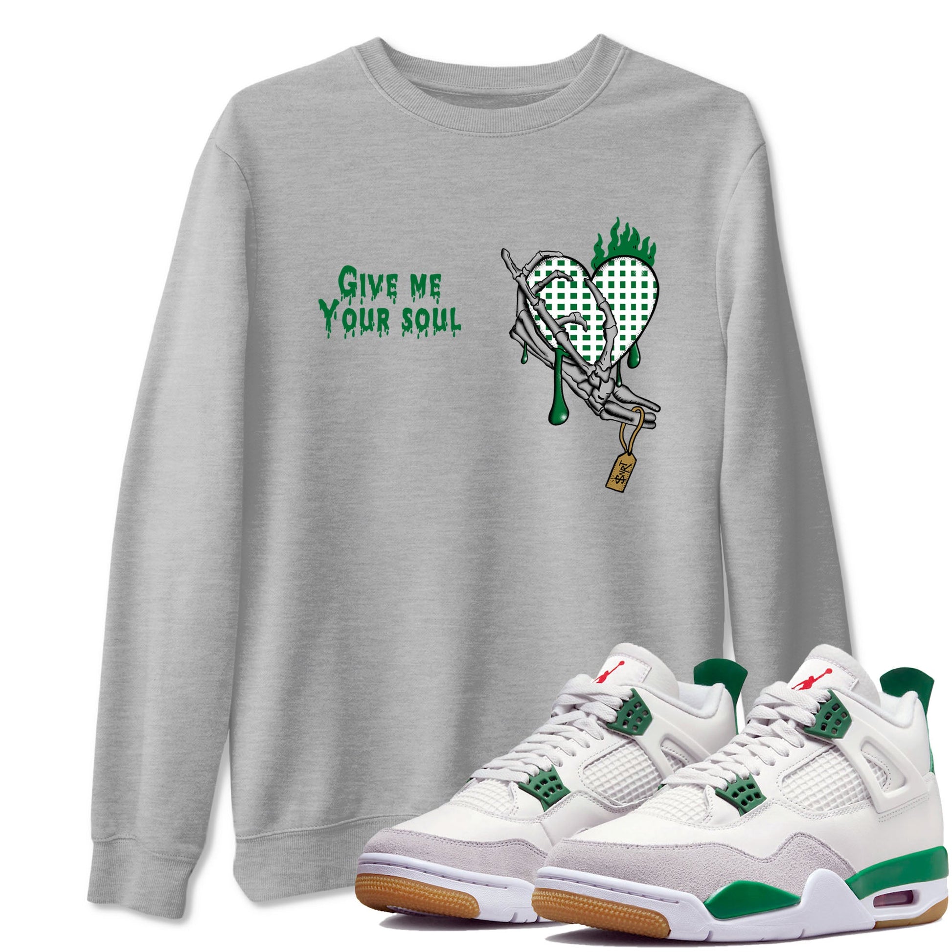 4s Pine Green shirts to match jordans Give Me Your Soul unique Halloween sneaker tee Air Jordan 4 Pine Green SNRT Sneaker Release Tees unisex cotton Heather Grey 1 crew neck shirts