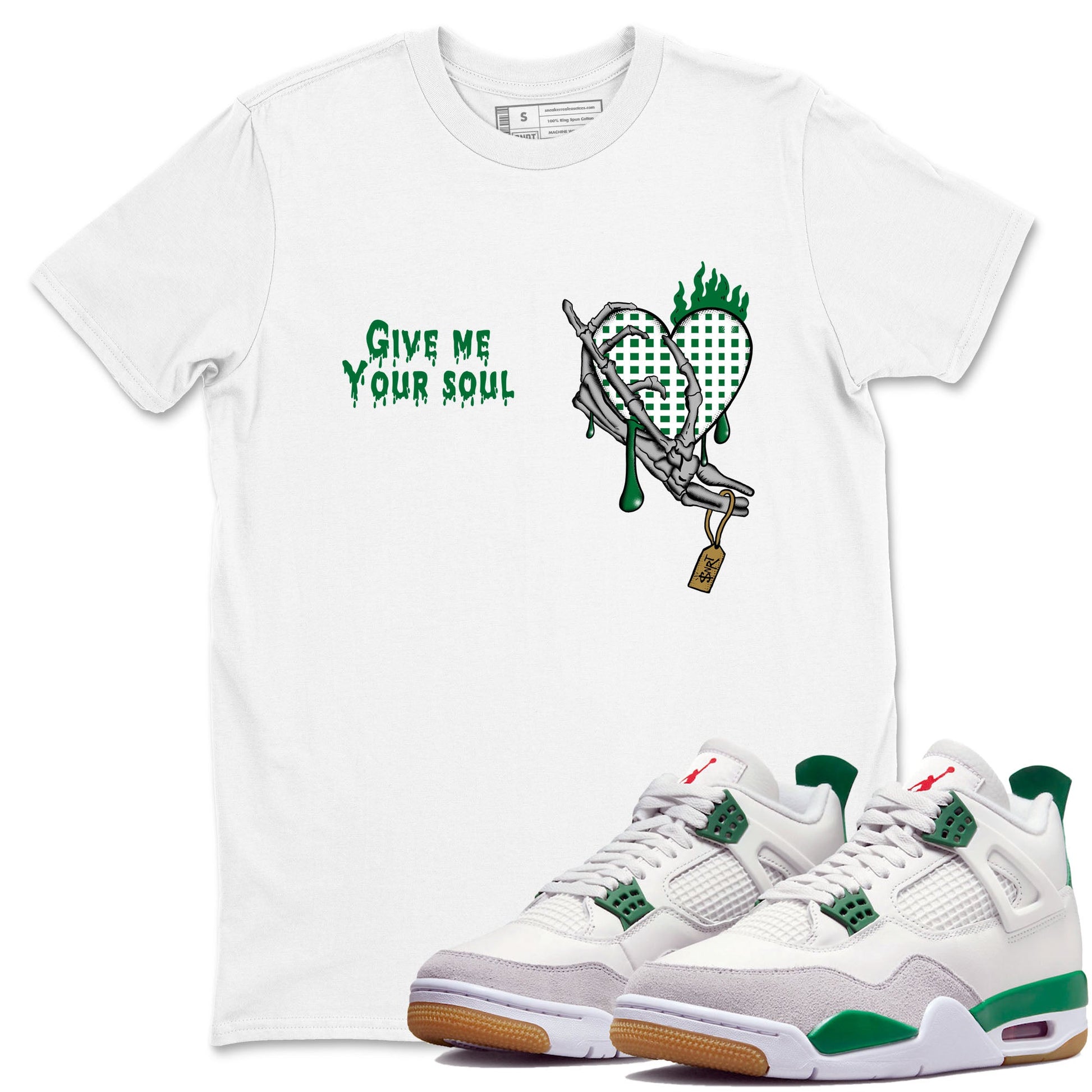 4s Pine Green shirts to match jordans Give Me Your Soul unique Halloween sneaker tee Air Jordan 4 Pine Green SNRT Sneaker Release Tees unisex cotton White 1 crew neck shirts