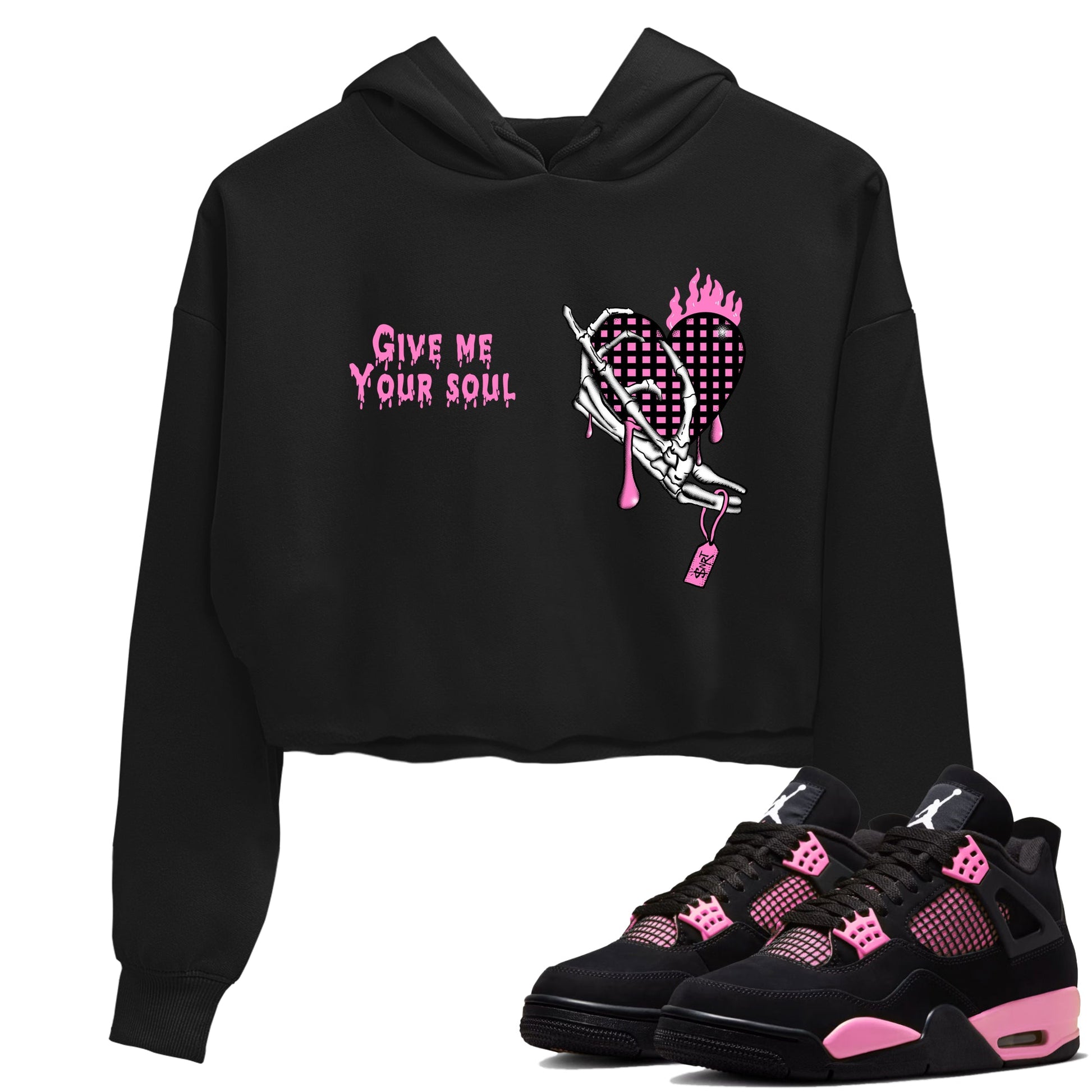 Perfect Valentine's Day Gifts graphic tee  – Sneaker Tees To Match Air Jordan 4 Pink Thunder – Give Me Your Soul Crop T-Shirt Black 1