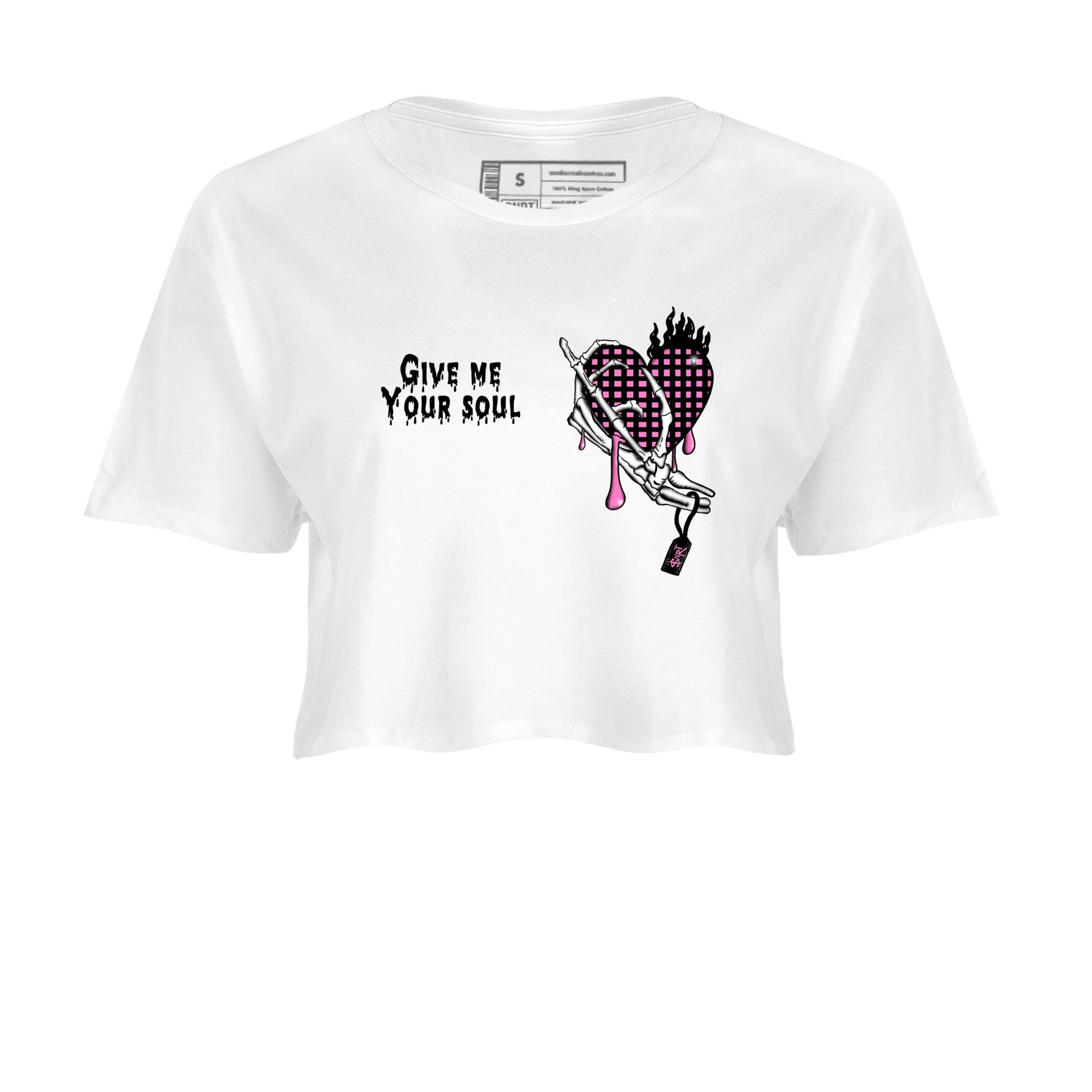 Perfect Valentine's Day Gifts graphic tee  – Sneaker Tees To Match Air Jordan 4 Pink Thunder – Give Me Your Soul Crop T-Shirt White 2