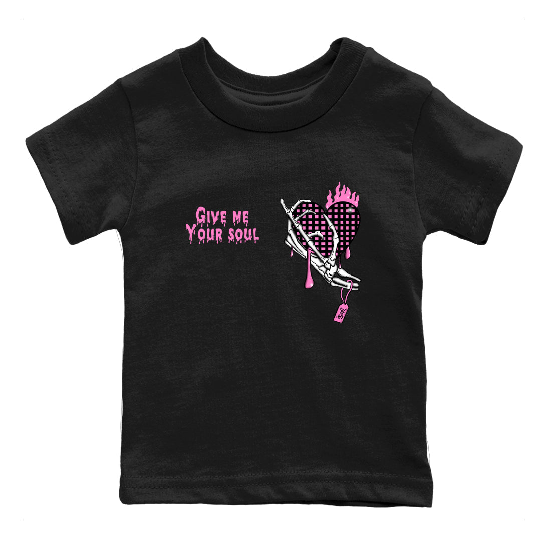 Perfect Valentine's Day Gifts graphic tee  – Sneaker Tees To Match Air Jordan 4 Pink Thunder – Give Me Your Soul Kids Graphic T-Shirt Black 2