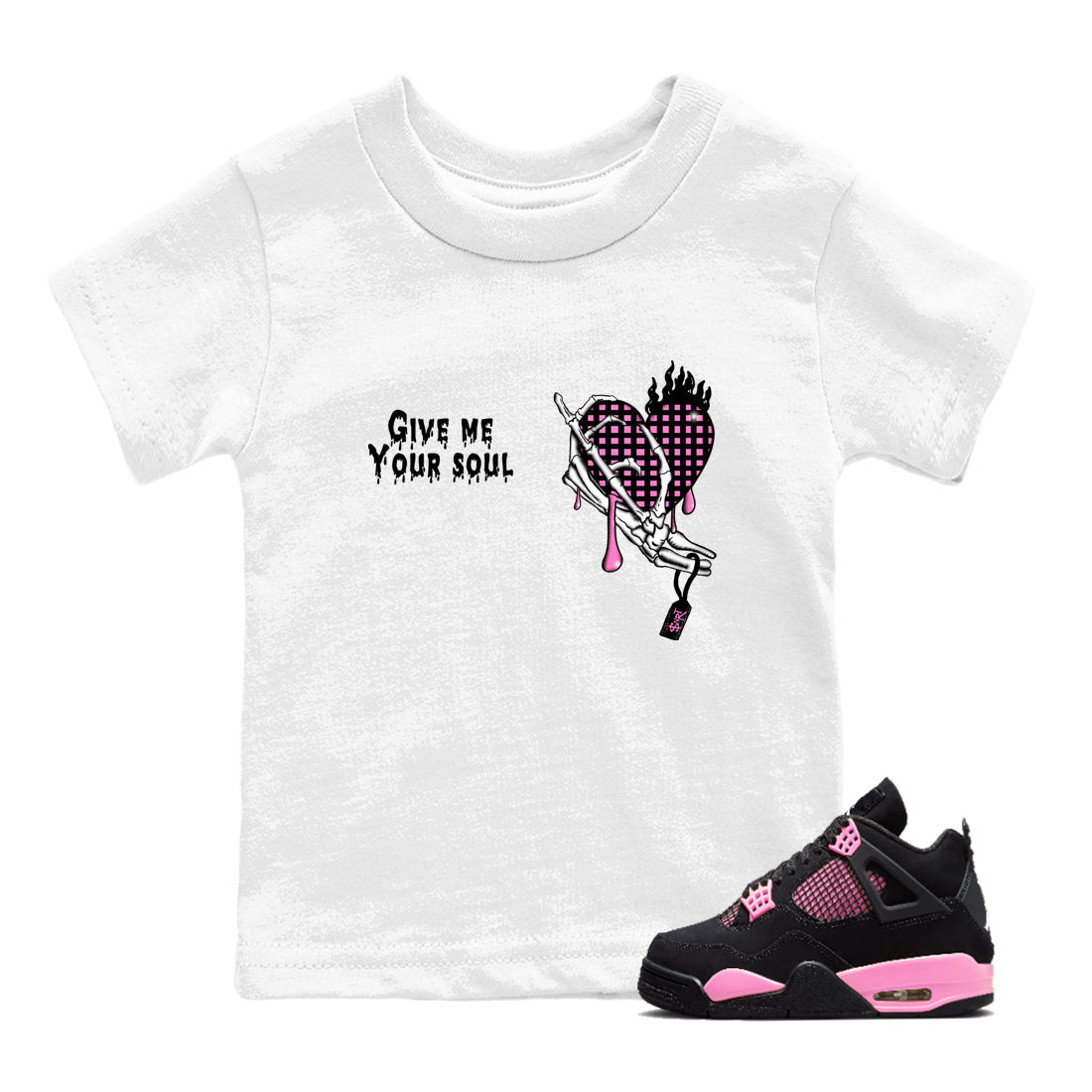 Perfect Valentine's Day Gifts graphic tee  – Sneaker Tees To Match Air Jordan 4 Pink Thunder – Give Me Your Soul Kids Graphic T-Shirt White 1