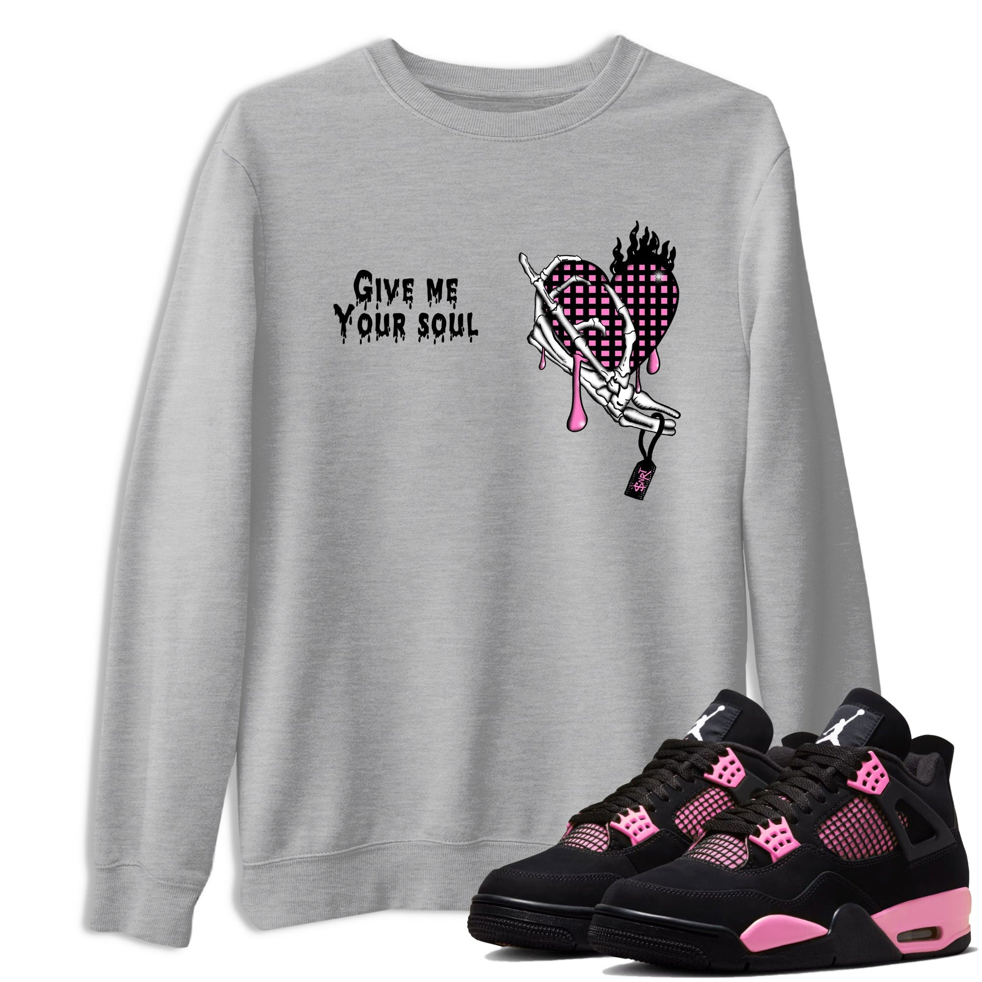 Perfect Valentine's Day Gifts graphic tee  – Sneaker Tees To Match Air Jordan 4 Pink Thunder – Give Me Your Soul Tee Heather Grey 1