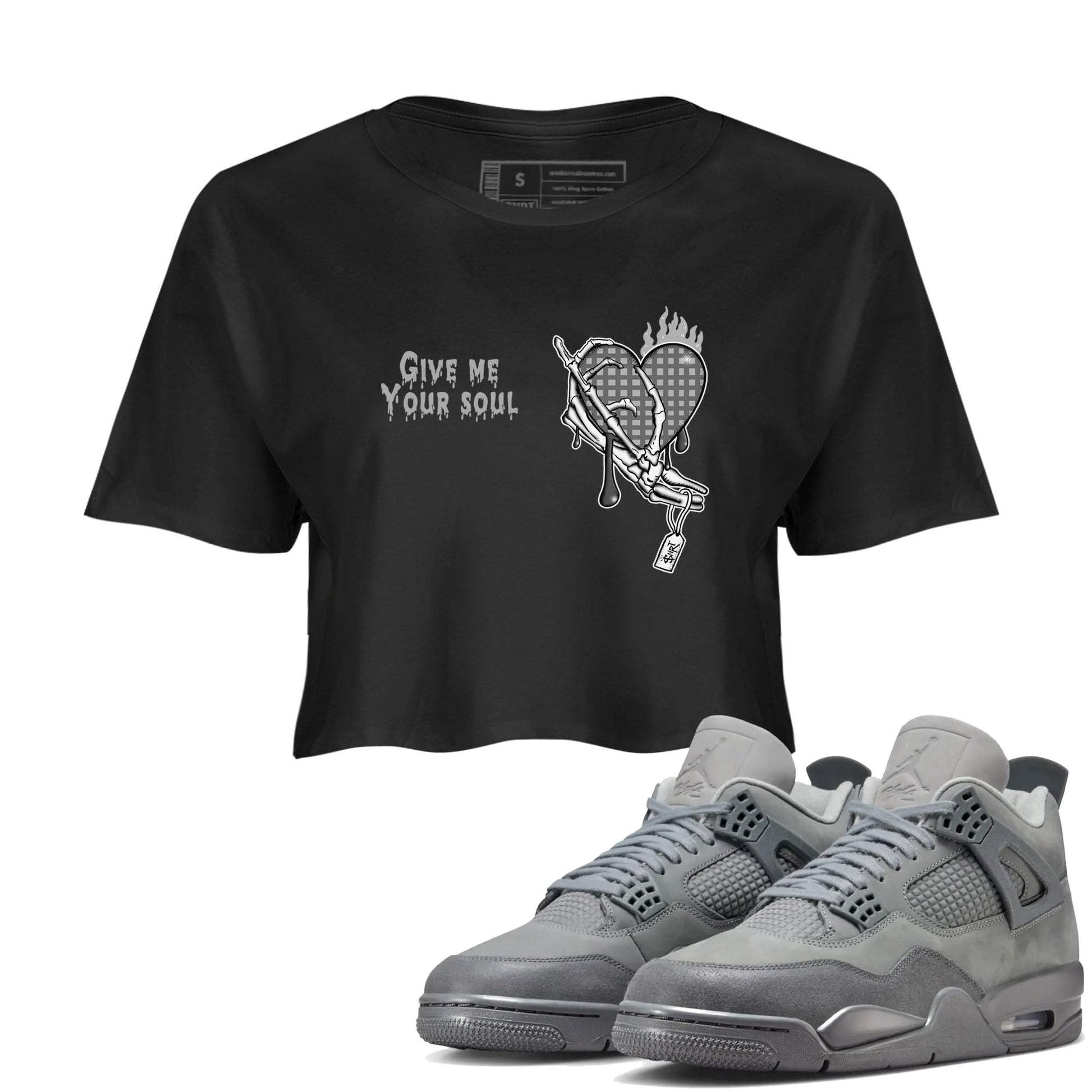 4s Wet Cement shirts to match jordans Give Me Your Soul unique Halloween sneaker tee Air Jordan 4 Wet Cement SNRT Sneaker Release Tees unisex cotton Black 1 Crop Shirts