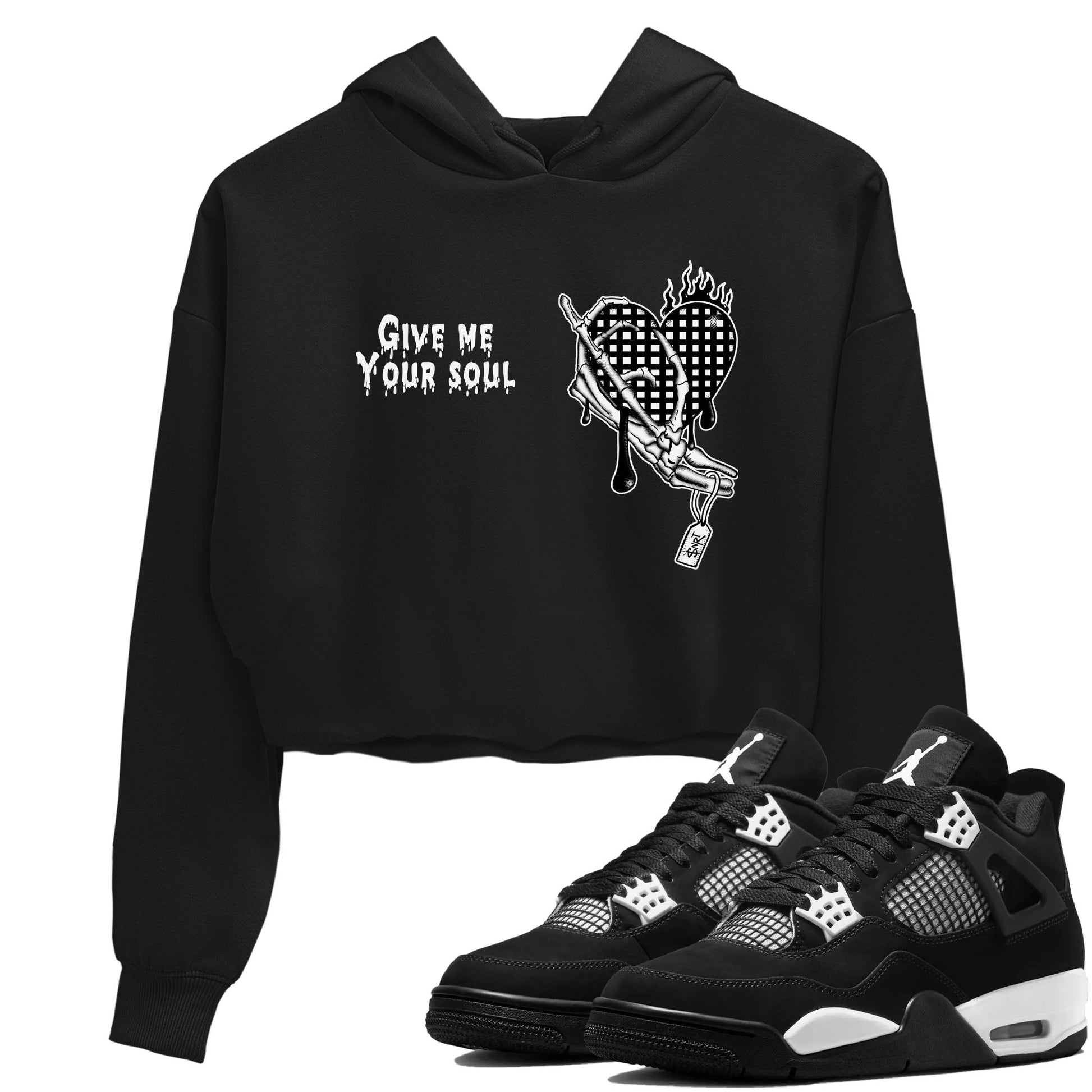 4s White Thunder shirts to match jordans Give Me Your Soul unique Halloween sneaker tee Air Jordan 4 White Thunder SNRT Sneaker Release Tees unisex cotton Black 1 Crop Shirts