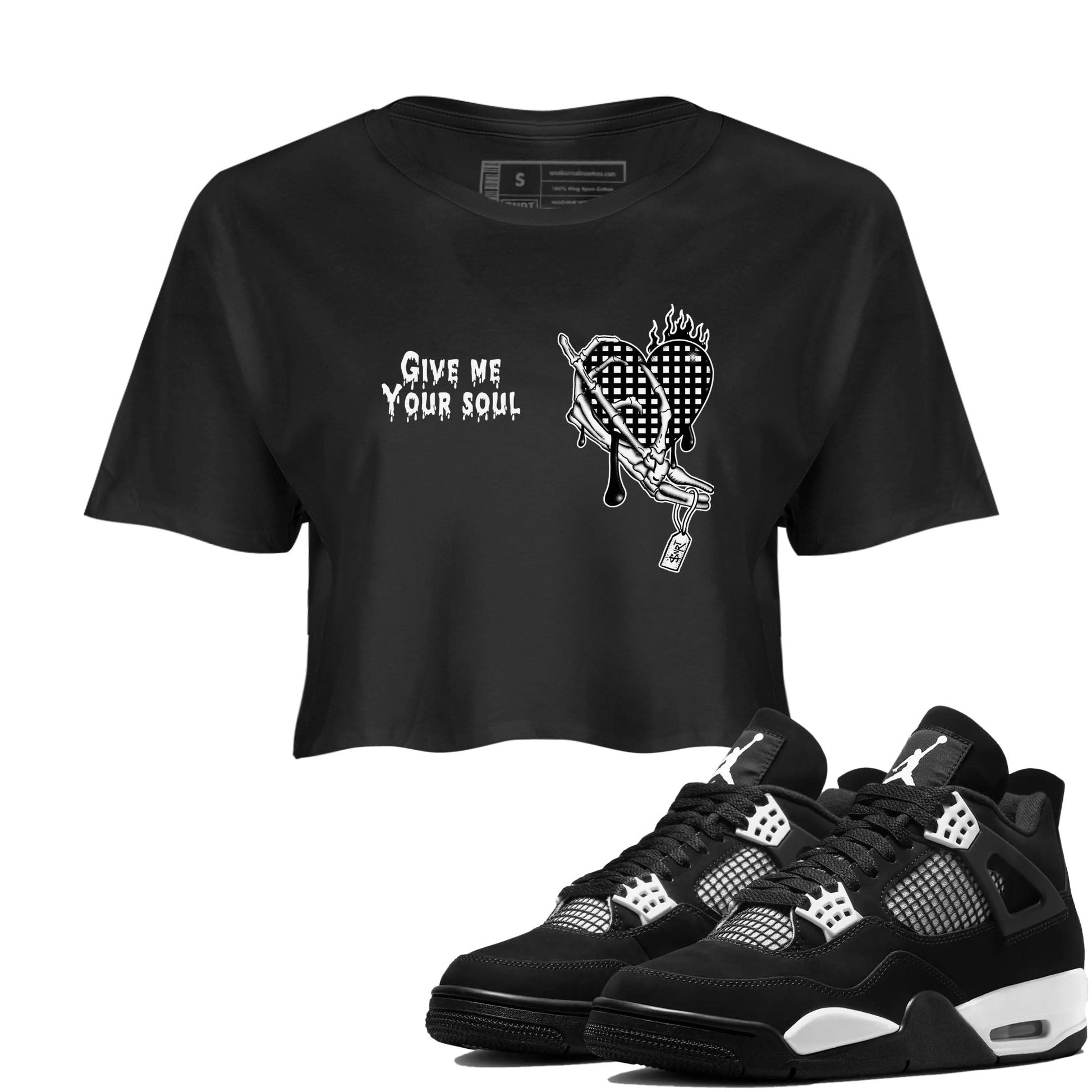 4s White Thunder shirts to match jordans Give Me Your Soul unique Halloween sneaker tee Air Jordan 4 White Thunder SNRT Sneaker Release Tees unisex cotton Black 1 Crop Shirts