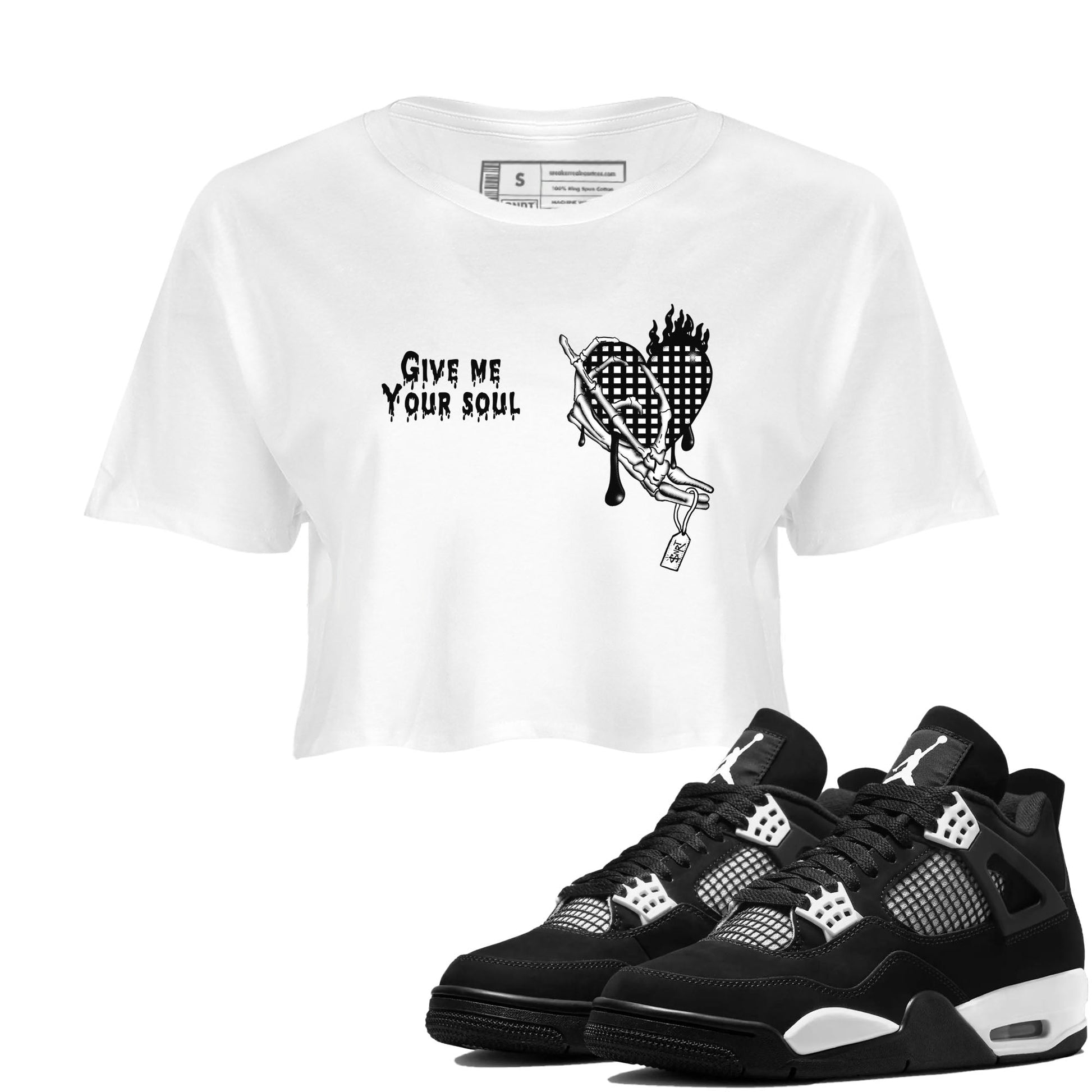 4s White Thunder shirts to match jordans Give Me Your Soul unique Halloween sneaker tee Air Jordan 4 White Thunder SNRT Sneaker Release Tees unisex cotton White 1 Crop Shirts