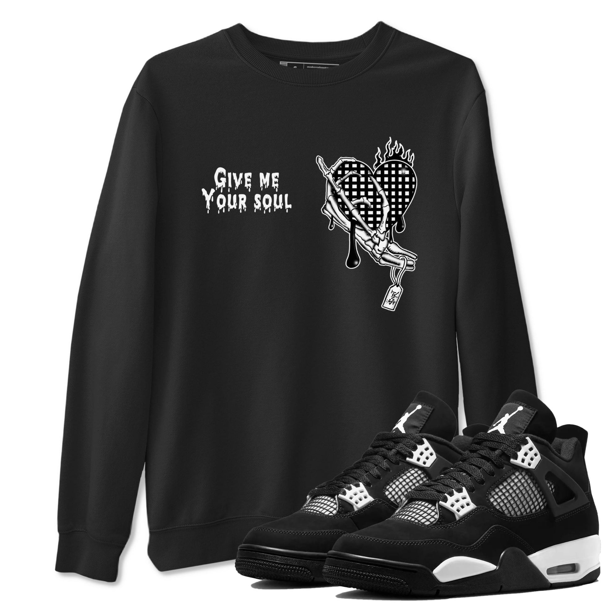 4s White Thunder shirts to match jordans Give Me Your Soul unique Halloween sneaker tee Air Jordan 4 White Thunder SNRT Sneaker Release Tees unisex cotton Black 1 crew neck shirts