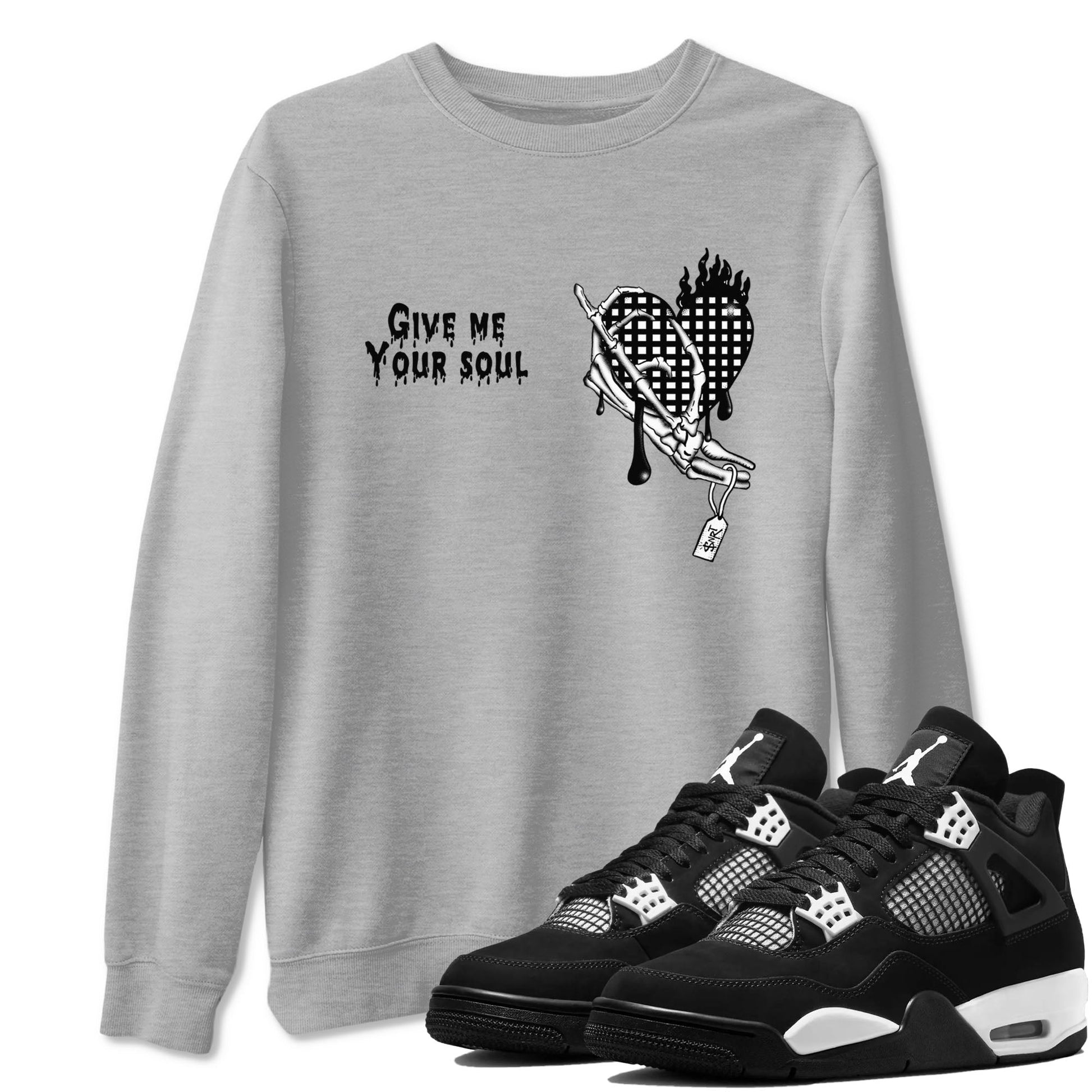 4s White Thunder shirts to match jordans Give Me Your Soul unique Halloween sneaker tee Air Jordan 4 White Thunder SNRT Sneaker Release Tees unisex cotton Heather Grey 1 crew neck shirts