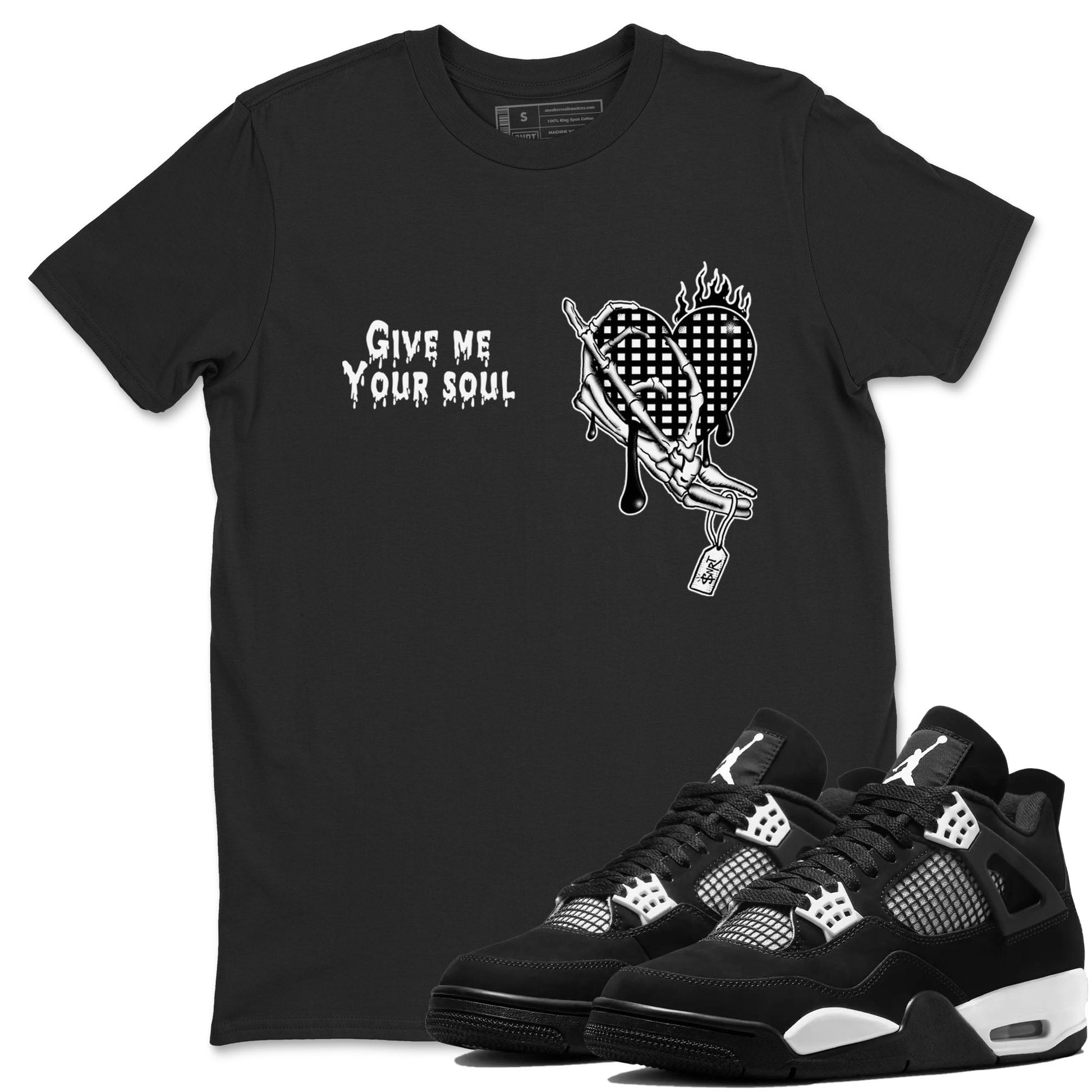 4s White Thunder shirts to match jordans Give Me Your Soul unique Halloween sneaker tee Air Jordan 4 White Thunder SNRT Sneaker Release Tees unisex cotton Black 1 crew neck shirts