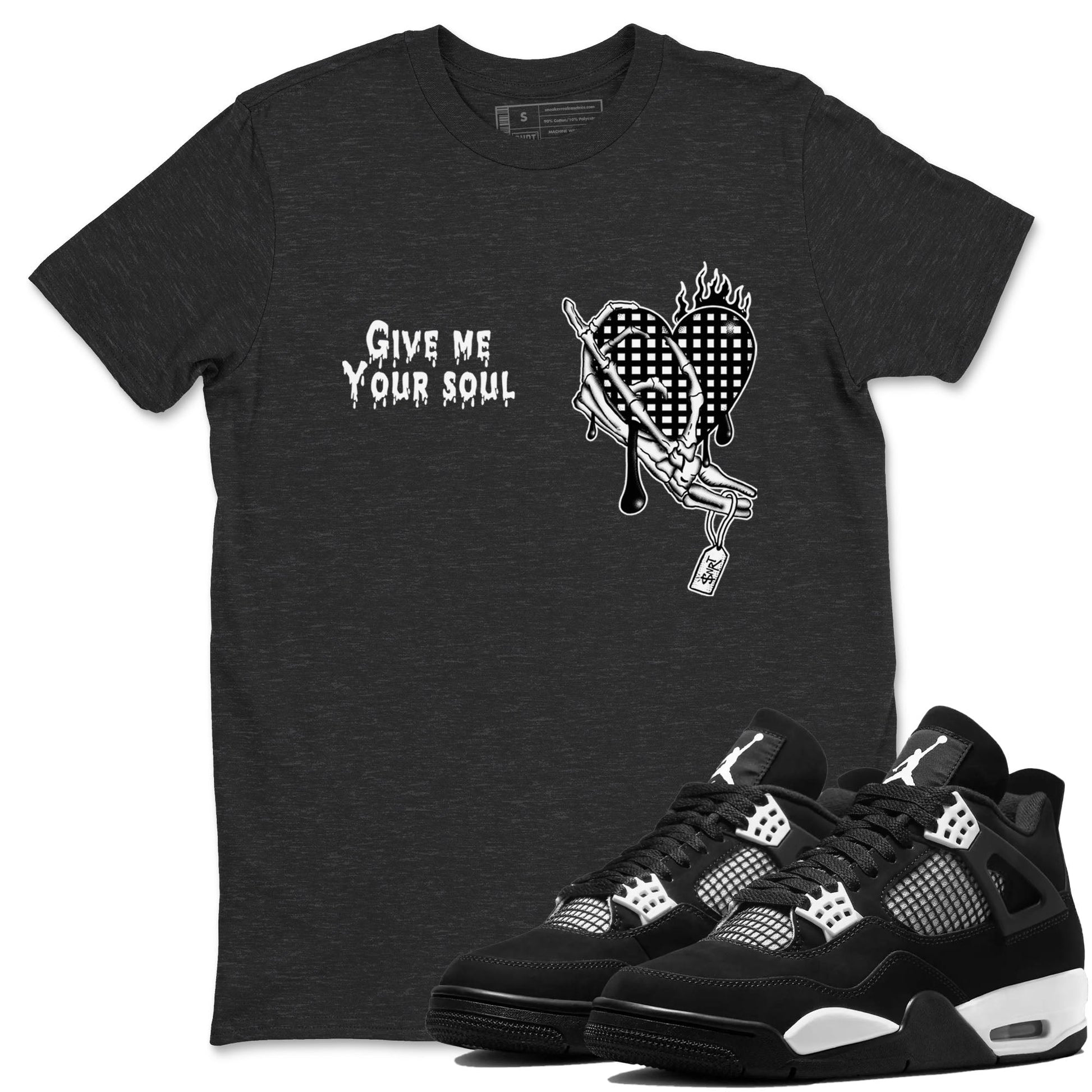 4s White Thunder shirts to match jordans Give Me Your Soul unique Halloween sneaker tee Air Jordan 4 White Thunder SNRT Sneaker Release Tees unisex cotton Charcoal Heather 1 crew neck shirts