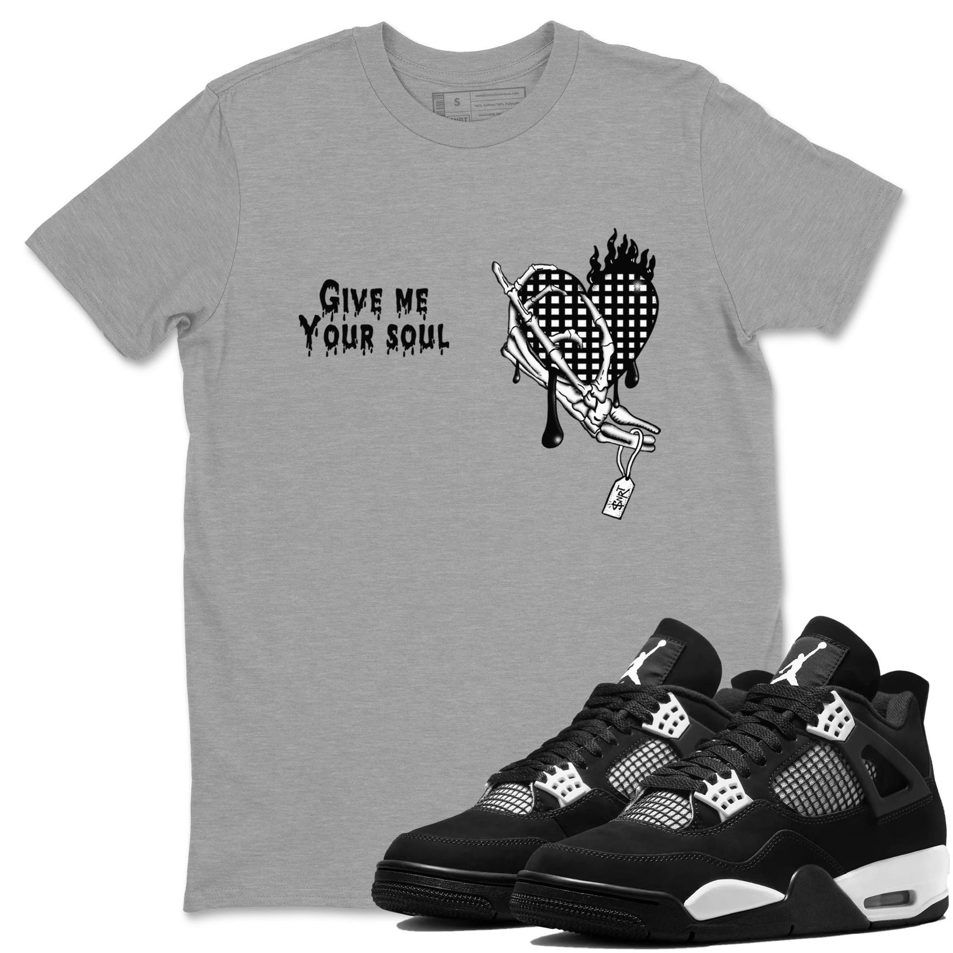 4s White Thunder shirts to match jordans Give Me Your Soul unique Halloween sneaker tee Air Jordan 4 White Thunder SNRT Sneaker Release Tees unisex cotton Heather Grey 1 crew neck shirts