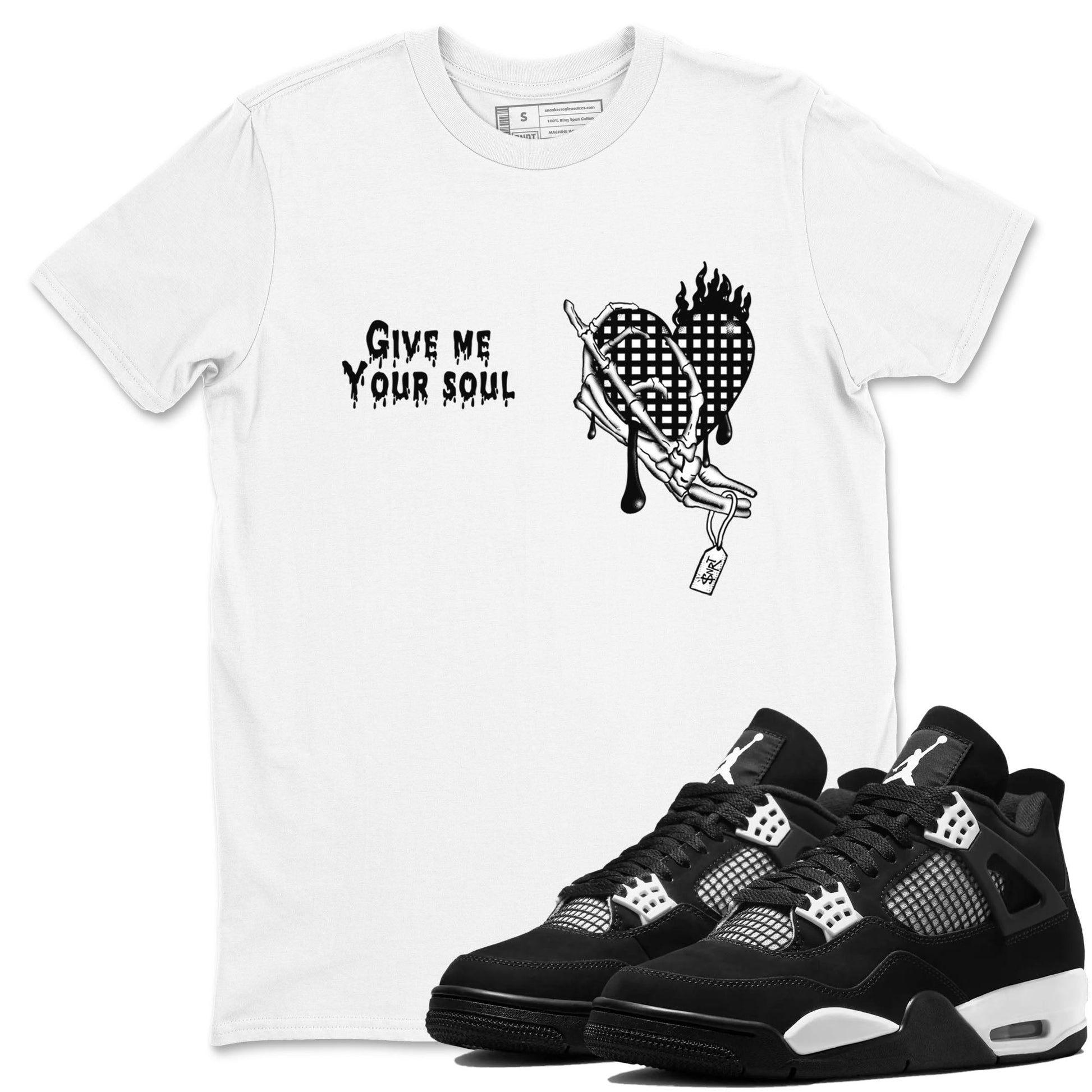 4s White Thunder shirts to match jordans Give Me Your Soul unique Halloween sneaker tee Air Jordan 4 White Thunder SNRT Sneaker Release Tees unisex cotton White 1 crew neck shirts