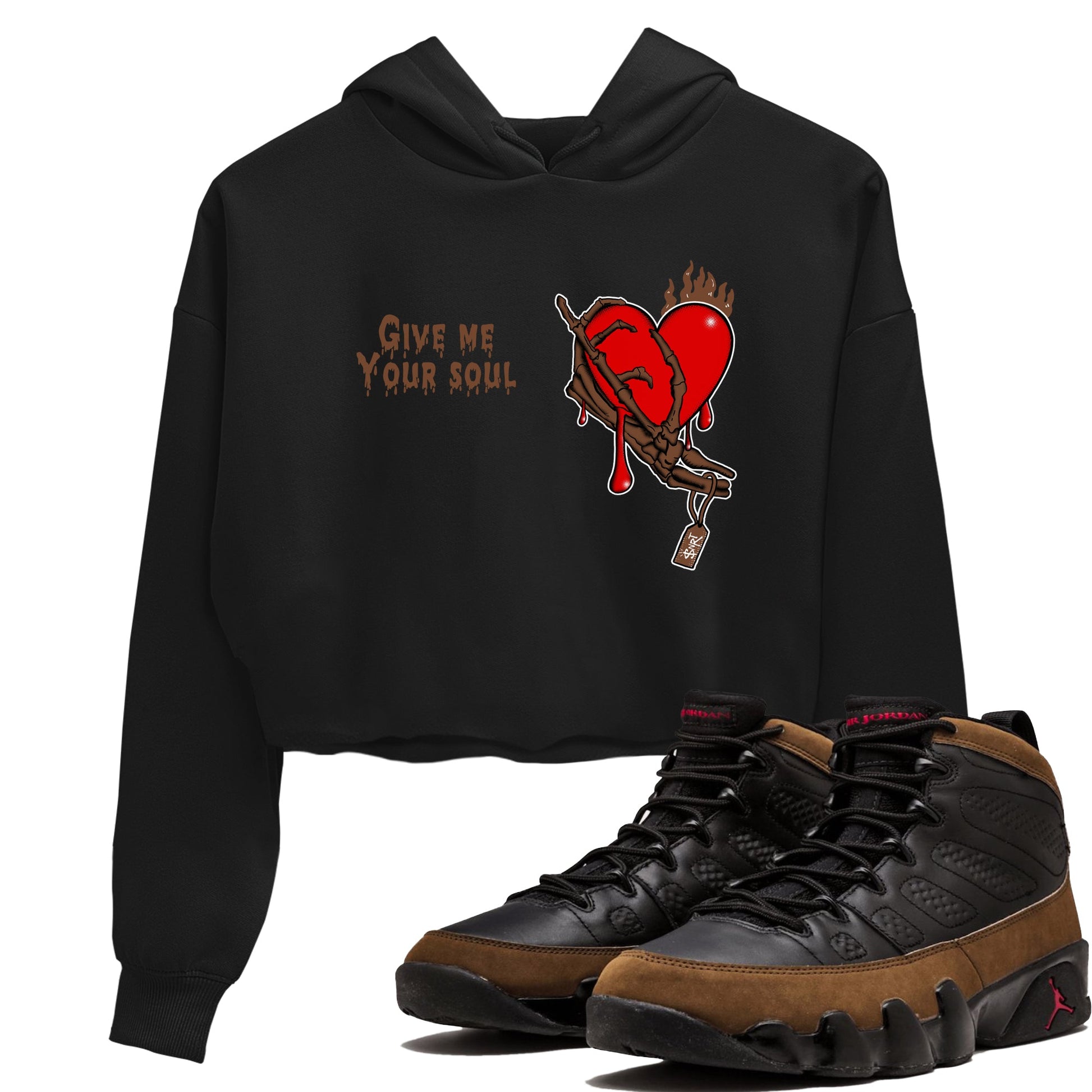 9s Olive shirts to match jordans Give Me Your Soul sneaker match tees Air Jordan 9 Olive match shoes to clothes SNRT Sneaker Tees unisex cotton Black 1 crop tee