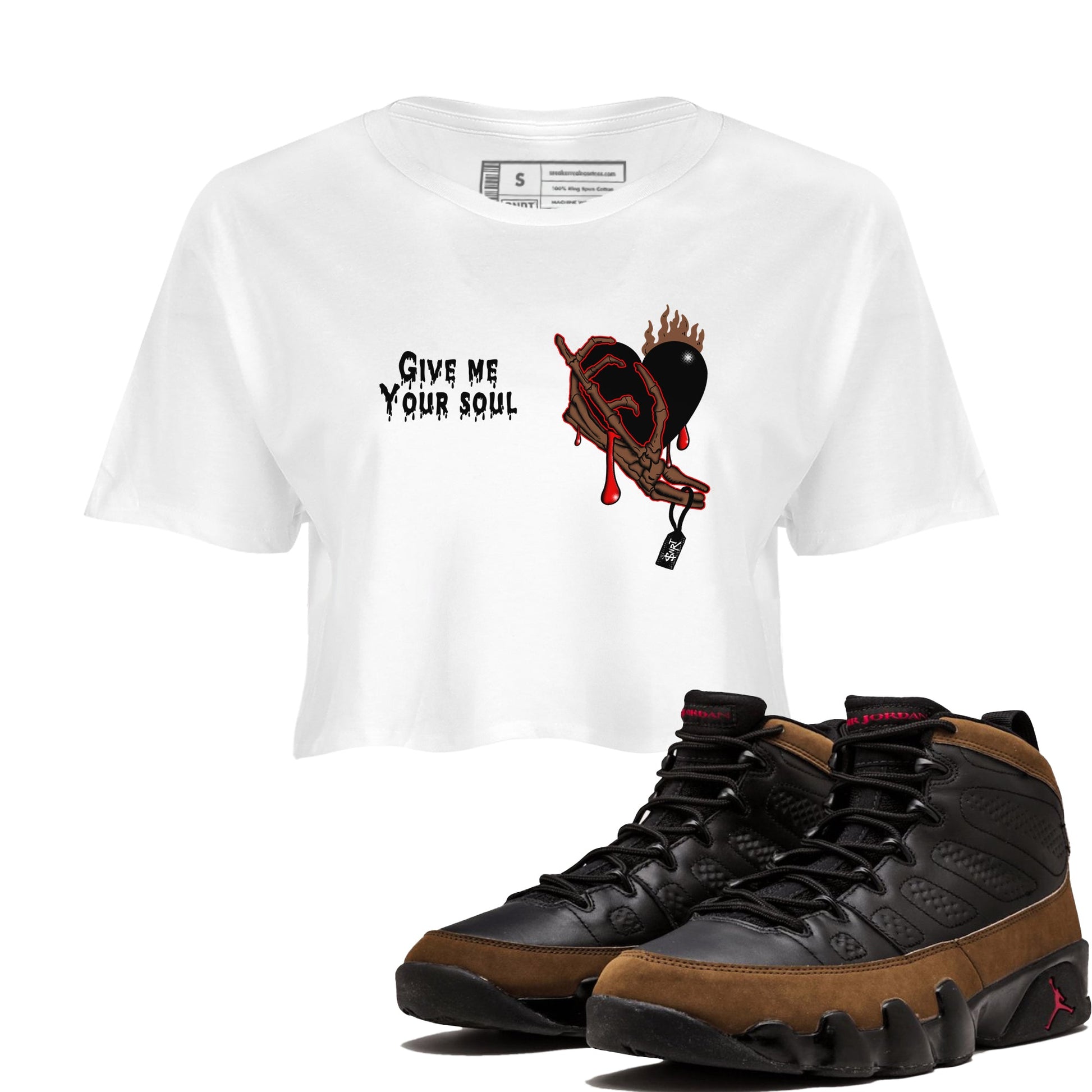 9s Olive shirts to match jordans Give Me Your Soul sneaker match tees Air Jordan 9 Olive match shoes to clothes SNRT Sneaker Tees unisex cotton White 1 crop tee