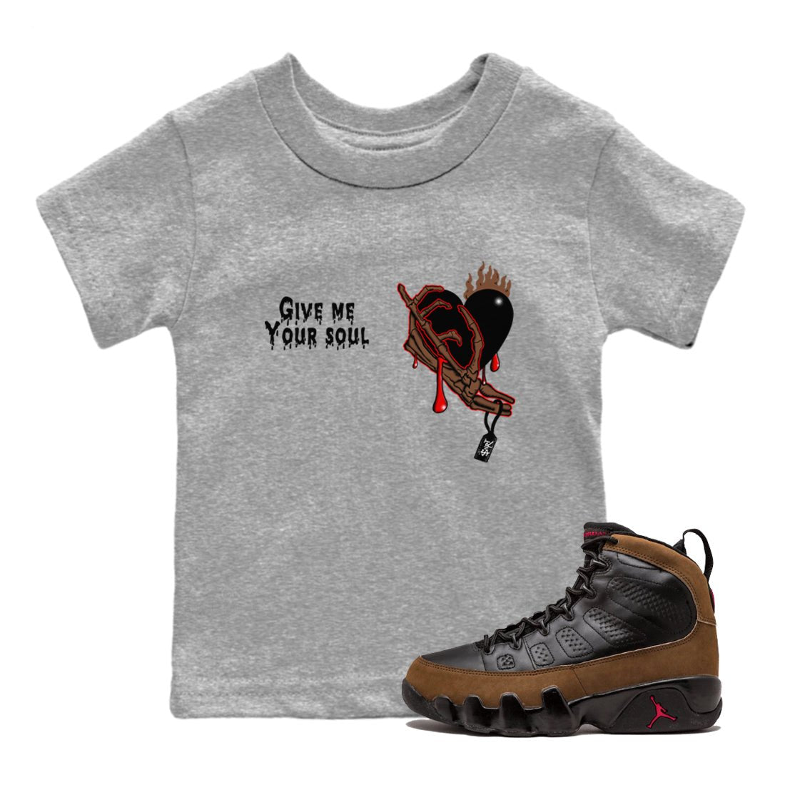 9s Olive shirts to match jordans Give Me Your Soul sneaker match tees Air Jordan 9 Olive match shoes to clothes SNRT Sneaker Tees Youth Baby Heather Grey 1 tee