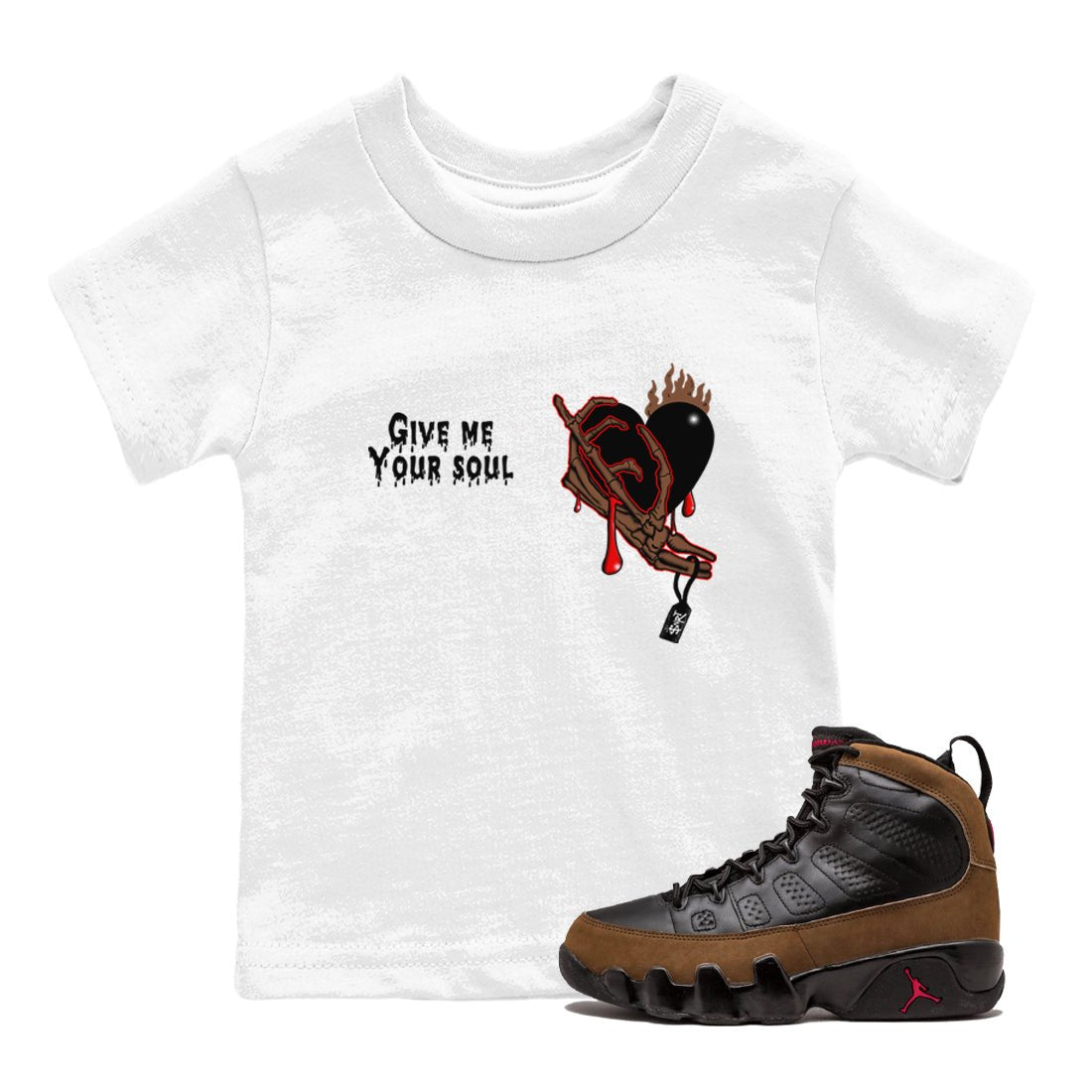 9s Olive shirts to match jordans Give Me Your Soul sneaker match tees Air Jordan 9 Olive match shoes to clothes SNRT Sneaker Tees Youth Baby White 1 tee