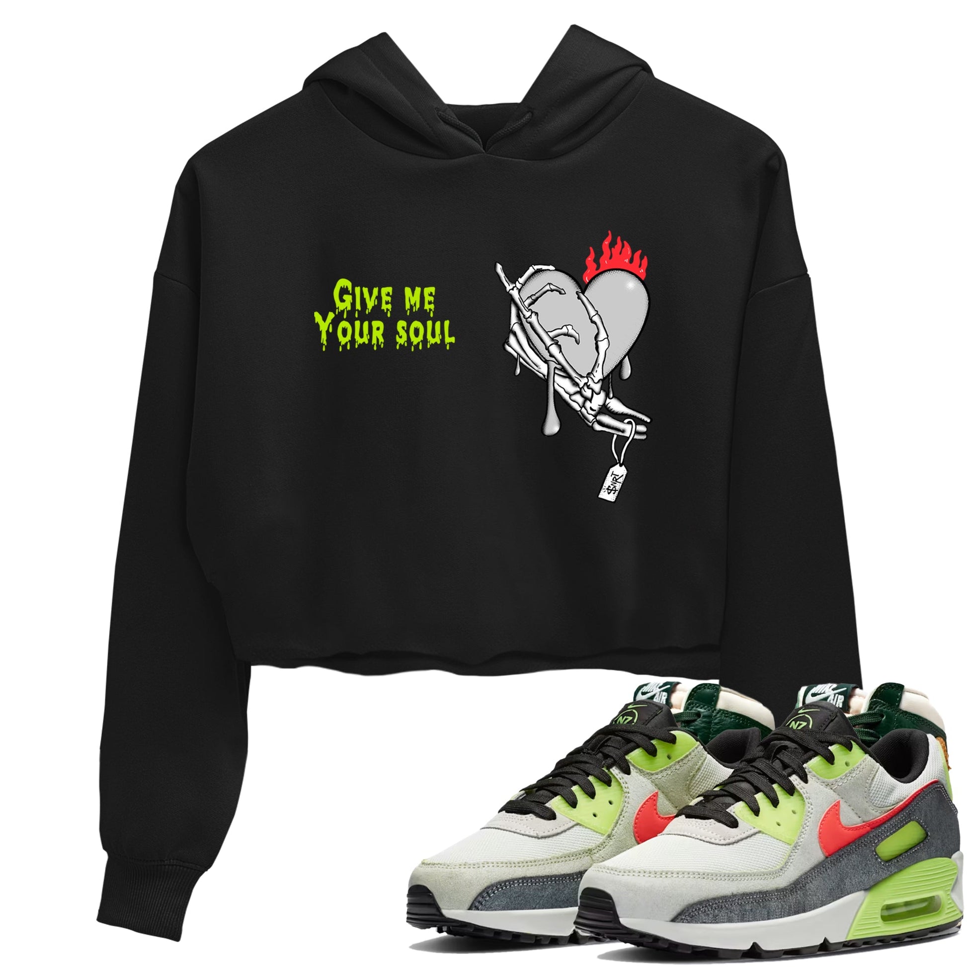 Sneaker Threads – Sneaker Tees To Match Air Max 90 Spruce Aura and Ghost Green – Give Me Your Soul Crop Tee Black 1. Perfect for Jordan releases 2025 colorways.