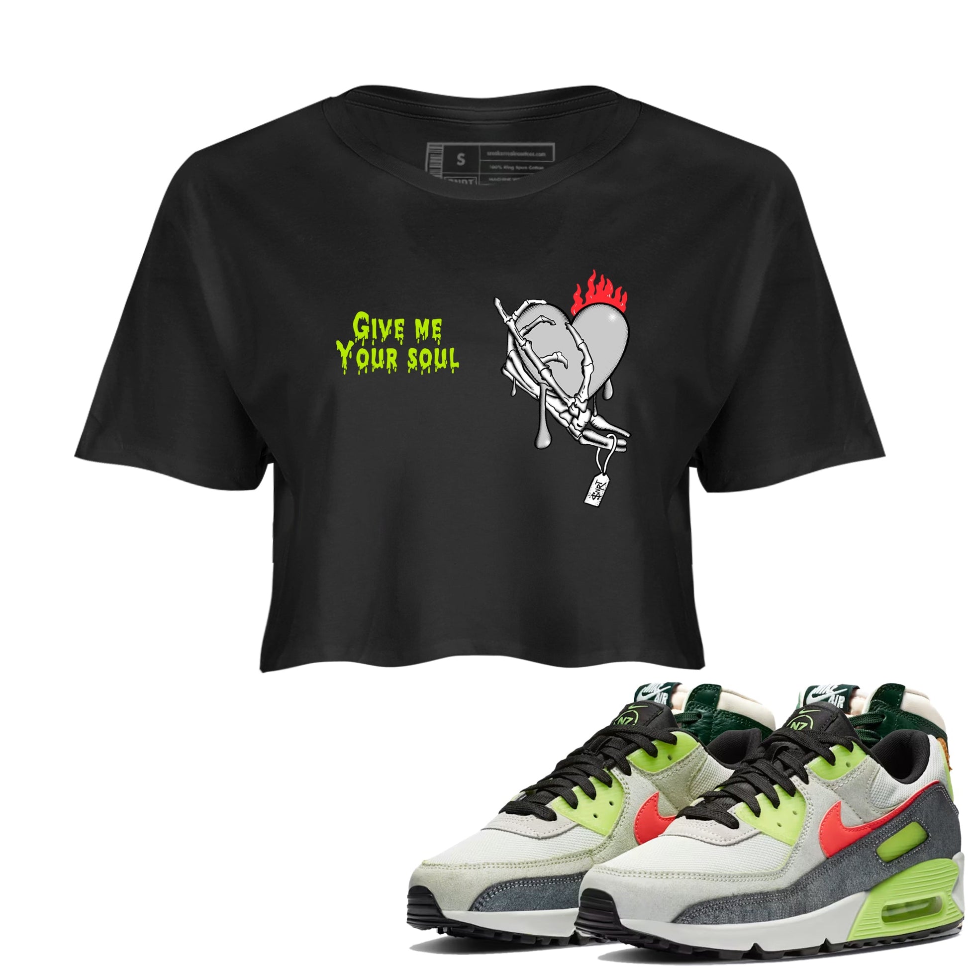 Sneaker Threads – Sneaker Tees To Match Air Max 90 Spruce Aura and Ghost Green – Give Me Your Soul Crop Tee Black 1. Perfect for Jordan releases 2025 colorways.