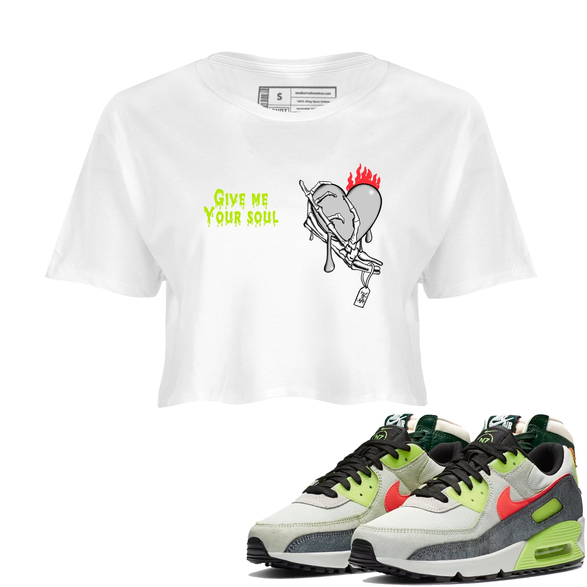 Sneaker Threads – Sneaker Tees To Match Air Max 90 Spruce Aura and Ghost Green – Give Me Your Soul Crop Tee White 1. Perfect for Jordan releases 2025 colorways.