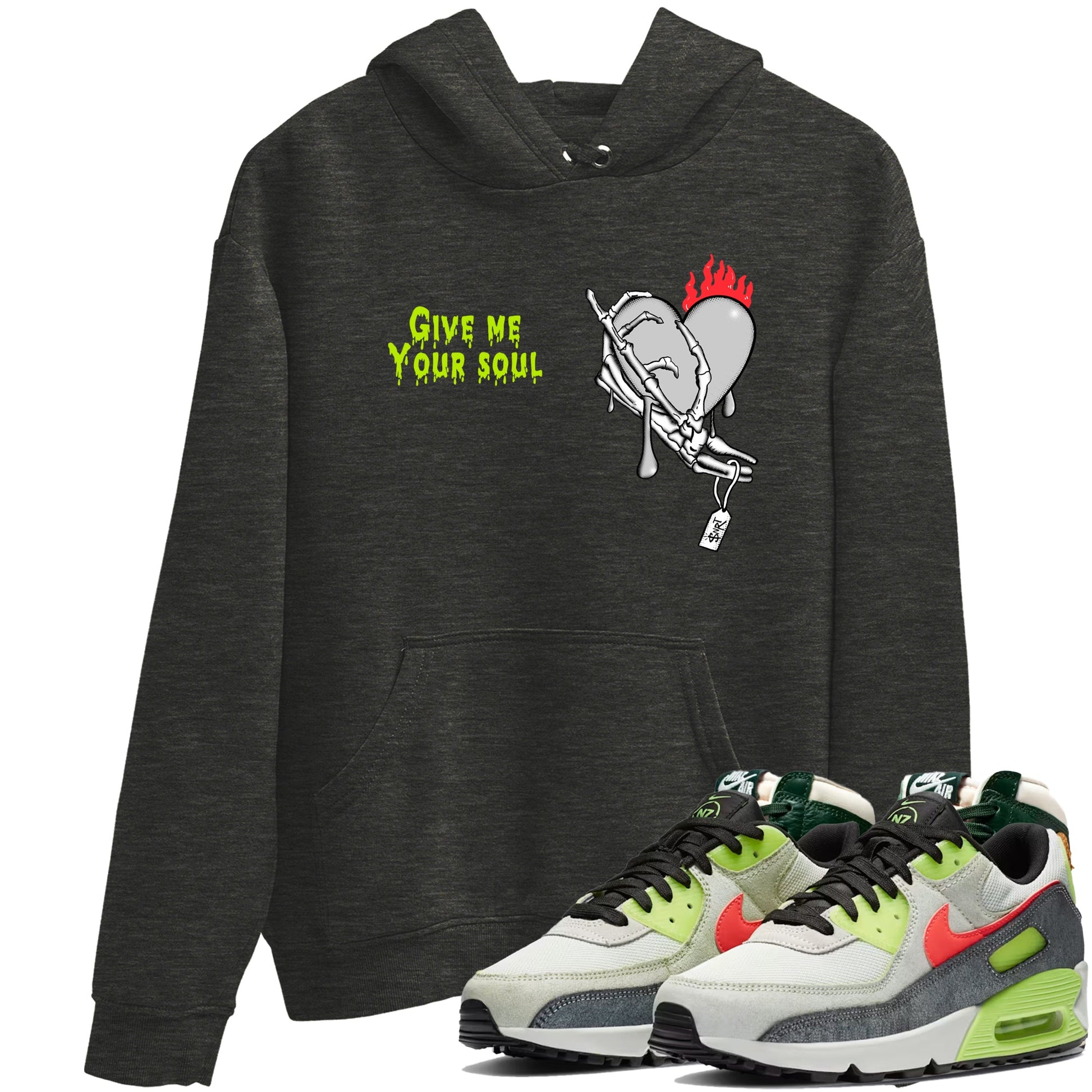 Sneaker Threads – Sneaker Tees To Match Air Max 90 Spruce Aura and Ghost Green – Give Me Your Soul Graphic Tee Charcoal Heather 1. Perfect for Jordan releases 2025 colorways.