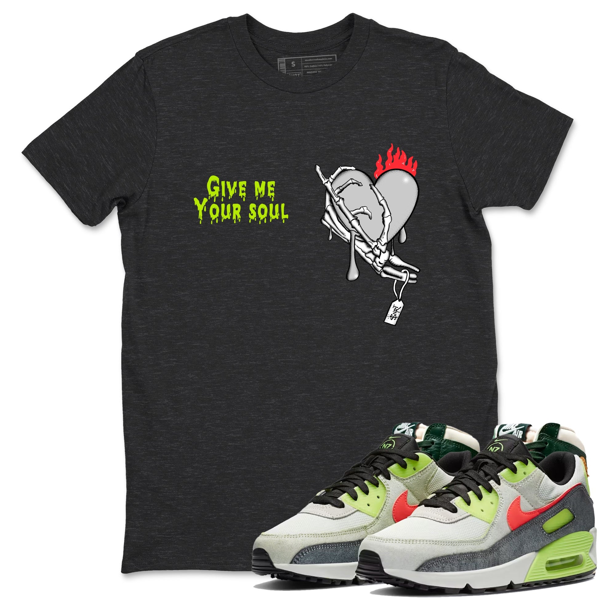 Sneaker Threads – Sneaker Tees To Match Air Max 90 Spruce Aura and Ghost Green – Give Me Your Soul Graphic Tee Charcoal Heather 1. Perfect for Jordan releases 2025 colorways.