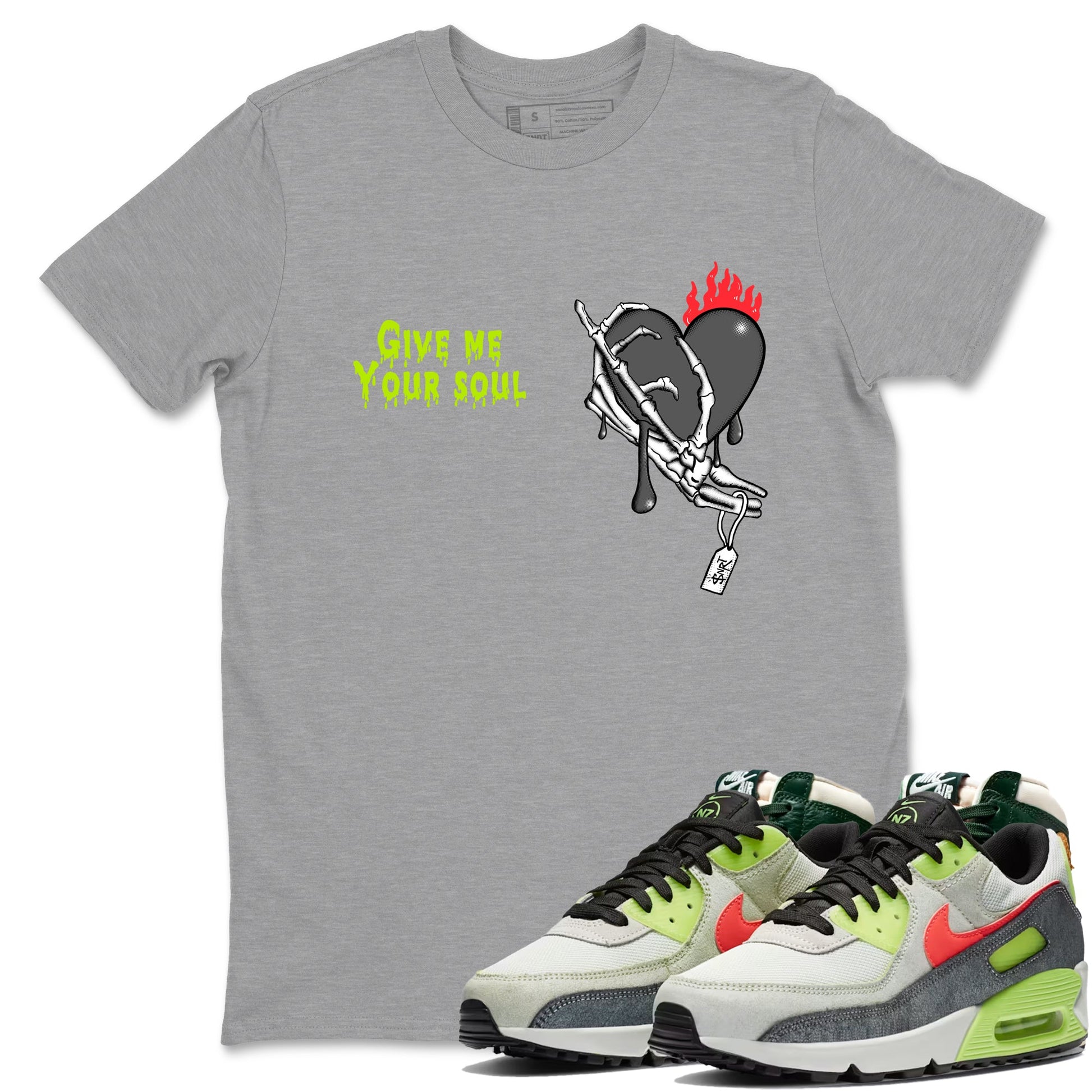 Sneaker Threads – Sneaker Tees To Match Air Max 90 Spruce Aura and Ghost Green – Give Me Your Soul Graphic Tee Heather Grey 1. Perfect for Jordan releases 2025 colorways.
