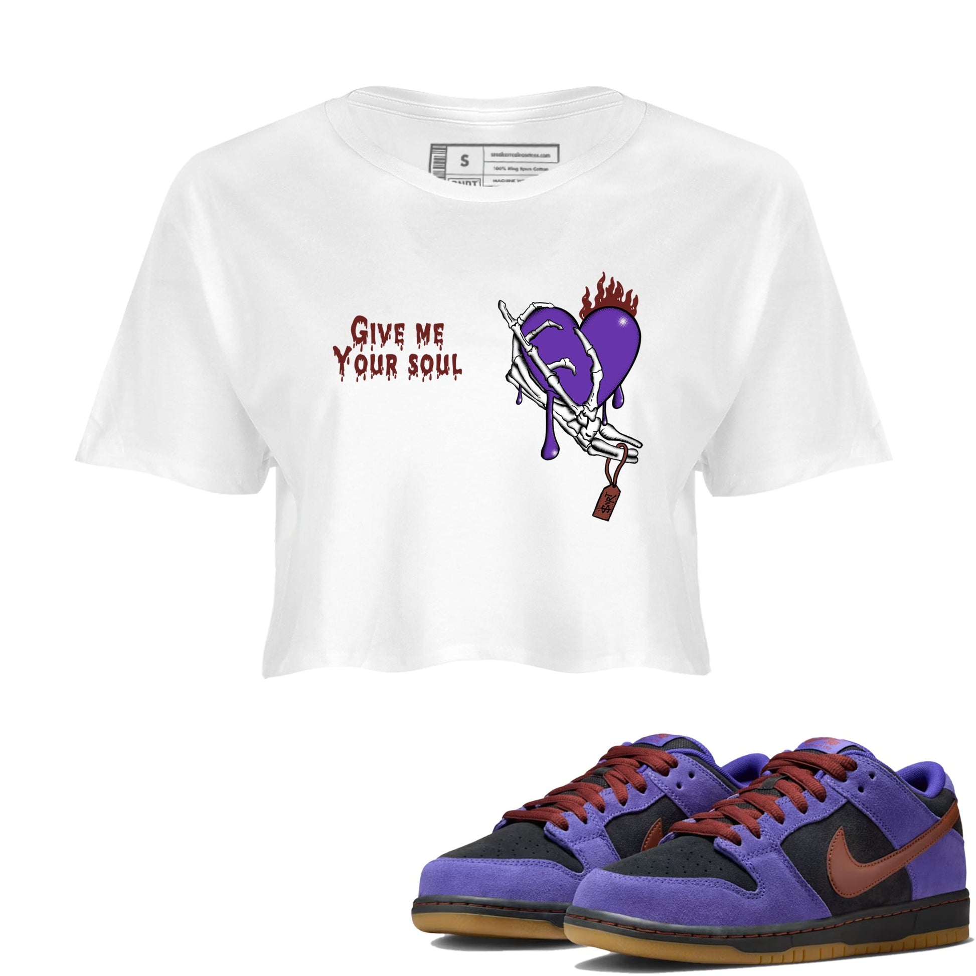 Sneaker match tees – Sneaker Threads To Match Dunk Low Persian Violet Shoes – Give Me Your Soul Crop T-Shirt White 1