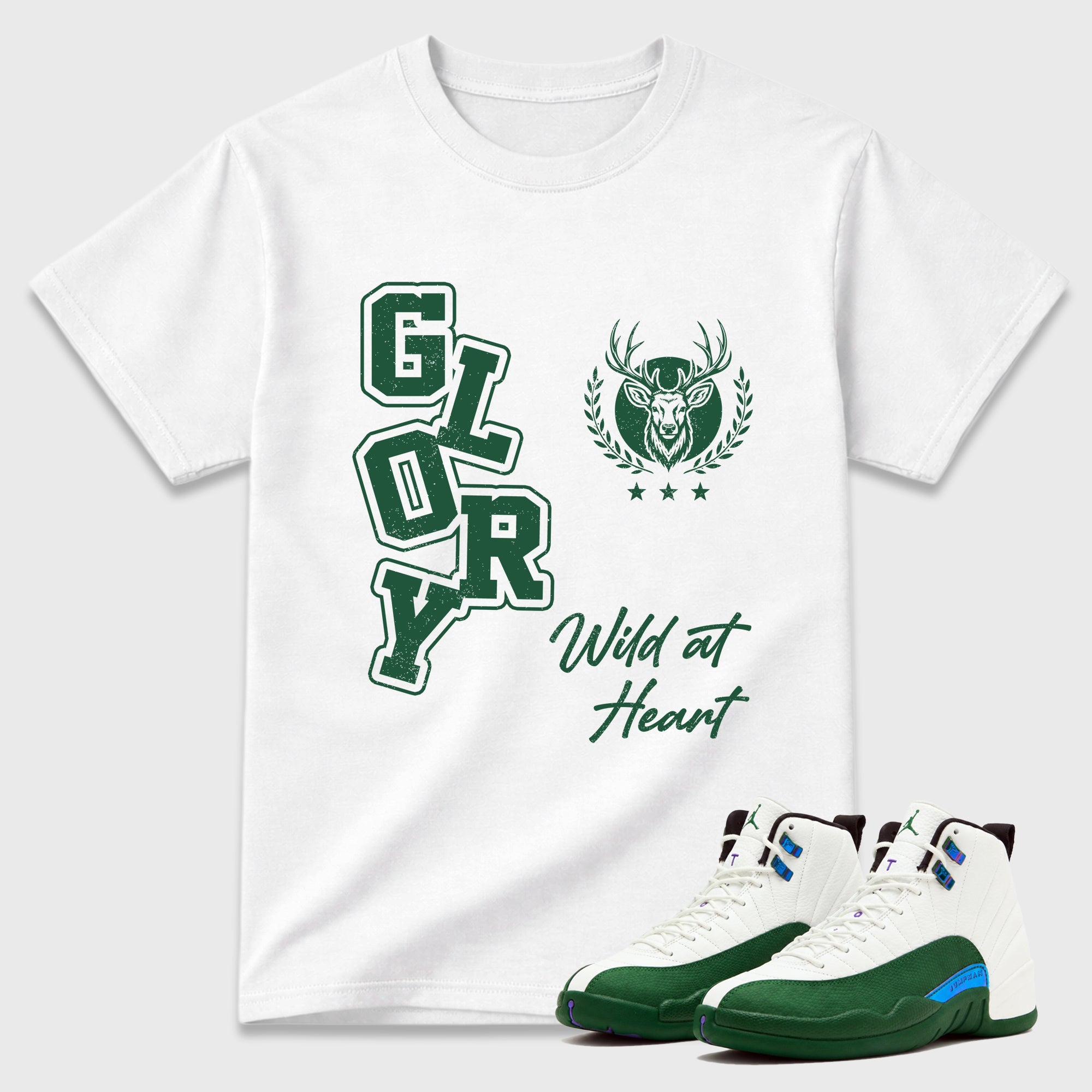 Glory Graphic T-Shirt featuring original streetwear artwork designed to match the Air Jordan 12 Summit Green. White 1 Graphic T-Shirt.