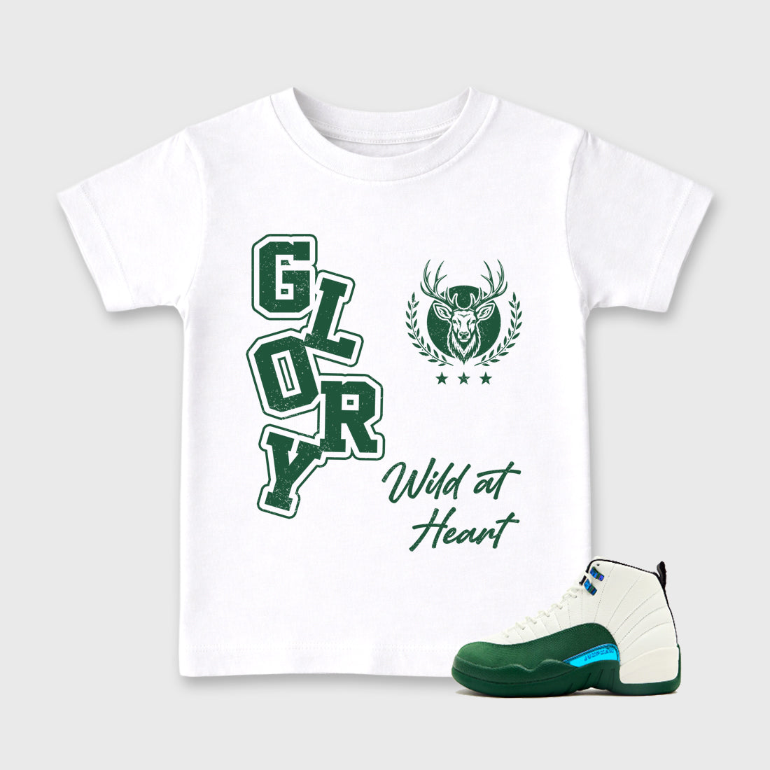 Glory Baby & Kids Graphic T-Shirt featuring original artwork designed to match the Air Jordan 12 Summit Green. White 1 Kids Graphic Tee.