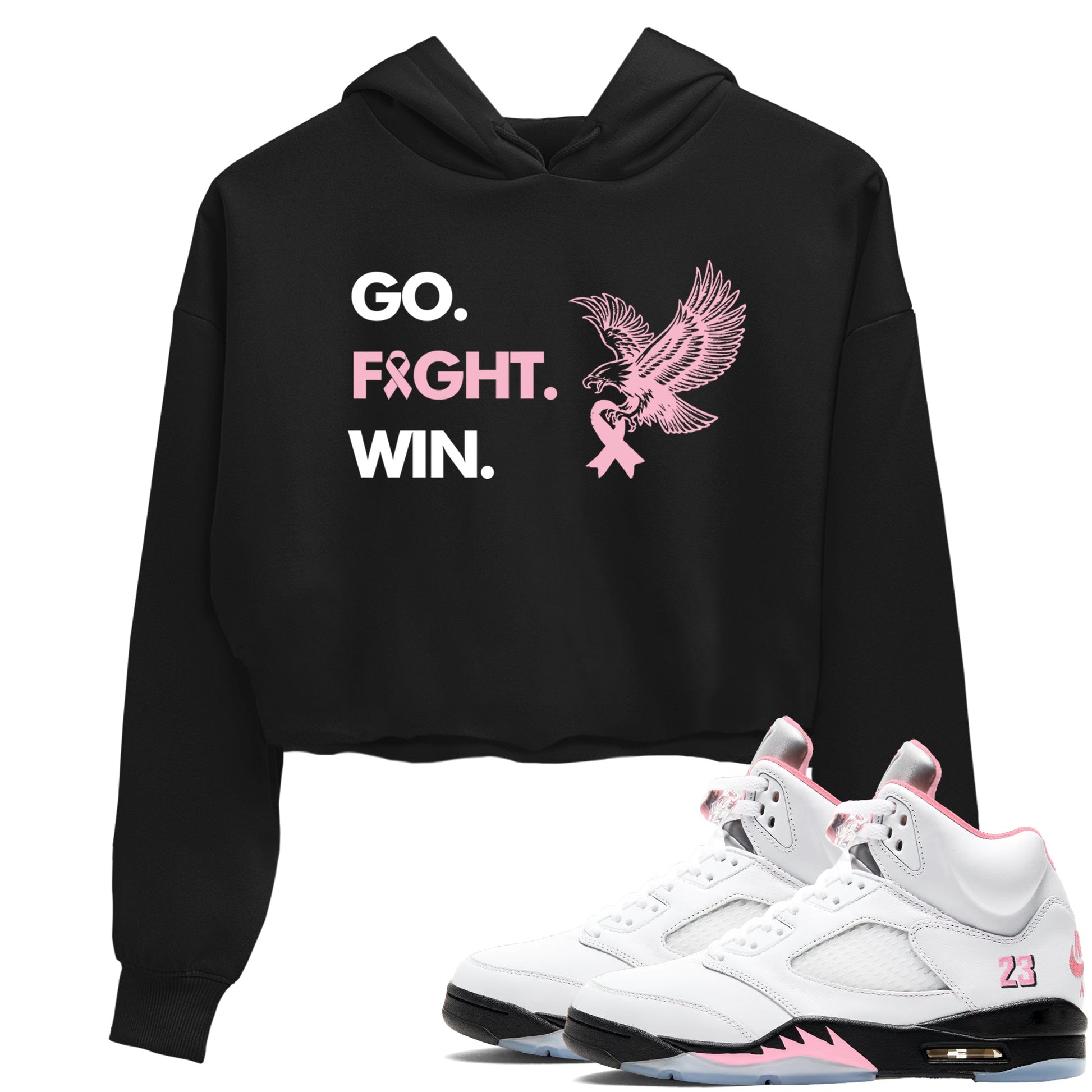 Sneaker Threads Sneaker Tees To Match Air Jordan 5 Medium Soft Pink Go Fight Win Crop Tee Black 1. Perfect for Jordan releases 2025 colorways. breast cancer awareness.