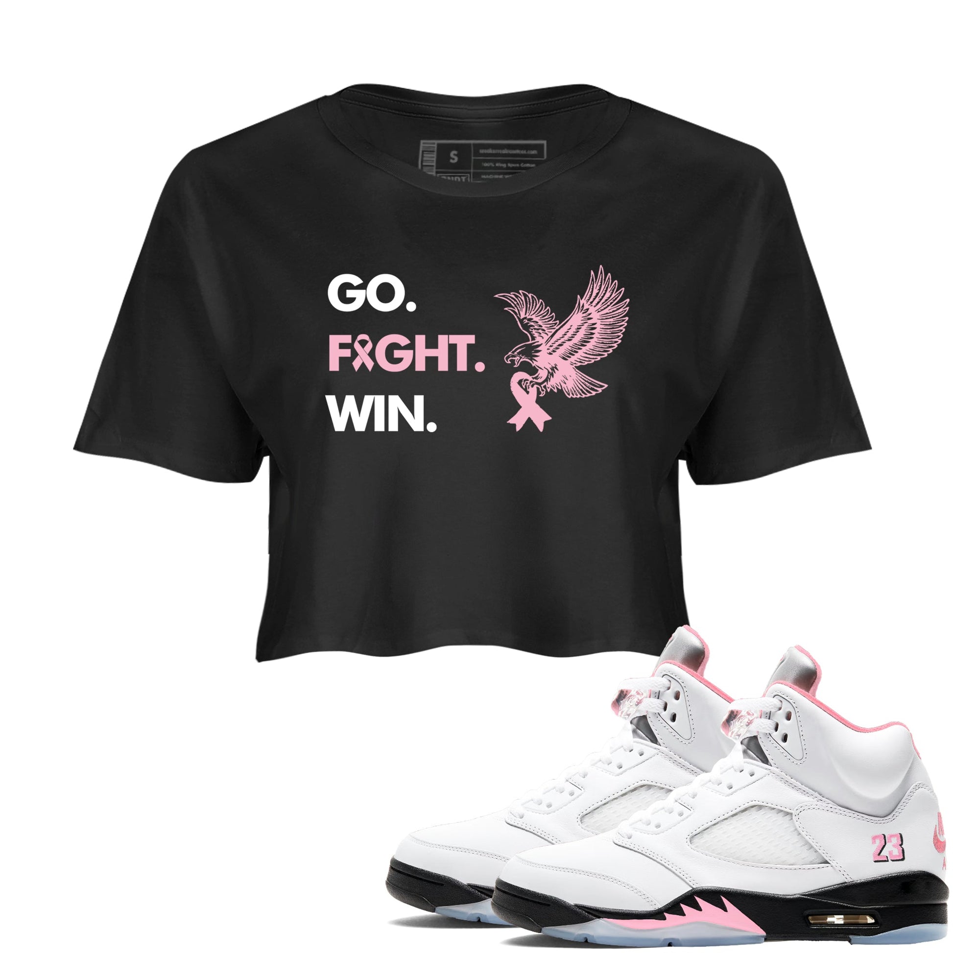 Sneaker Threads Sneaker Tees To Match Air Jordan 5 Medium Soft Pink Go Fight Win Crop Tee Black 1. Perfect for Jordan releases 2025 colorways. breast cancer awareness.