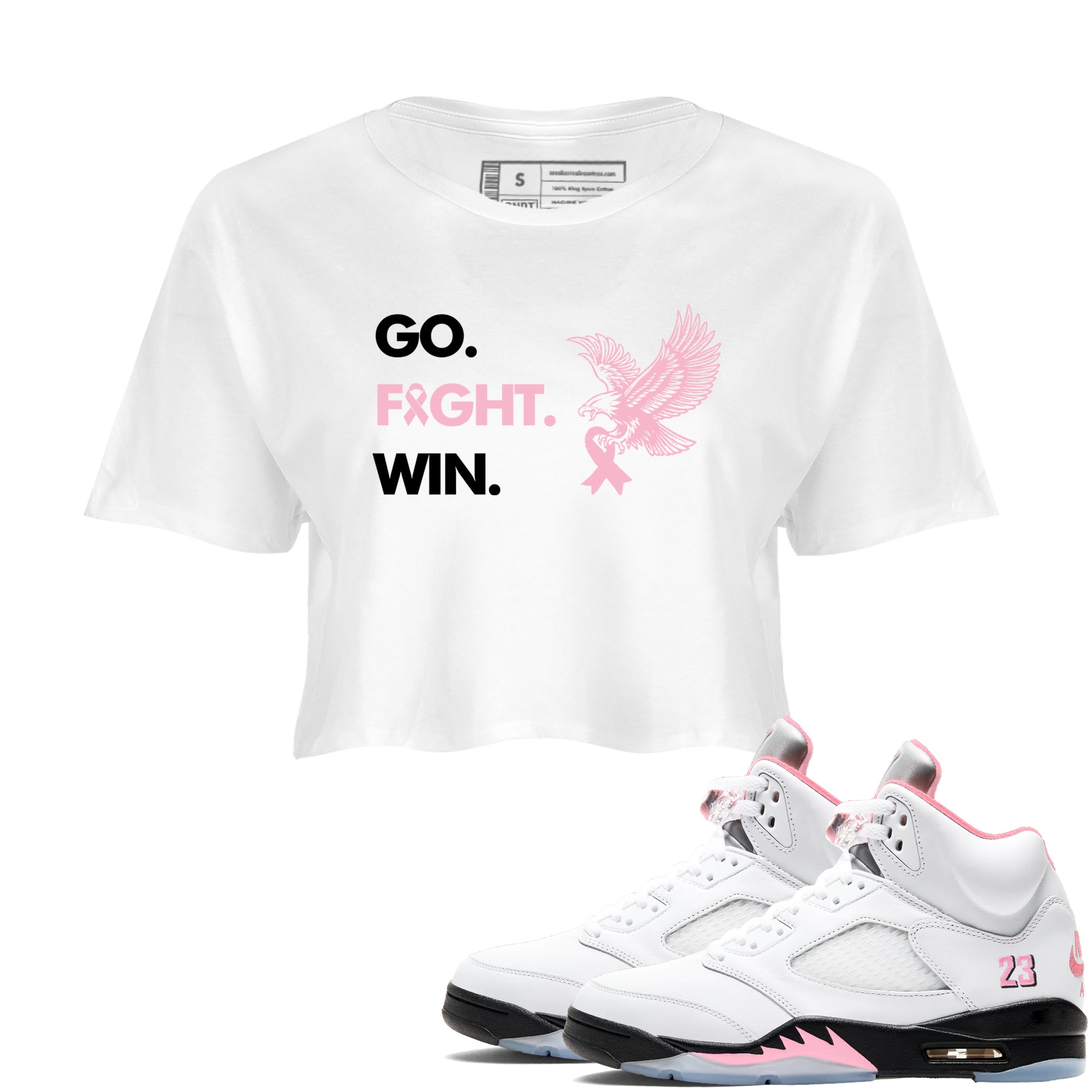 Sneaker Threads Sneaker Tees To Match Air Jordan 5 Medium Soft Pink Go Fight Win Crop Tee White 1. Perfect for Jordan releases 2025 colorways. breast cancer awareness.
