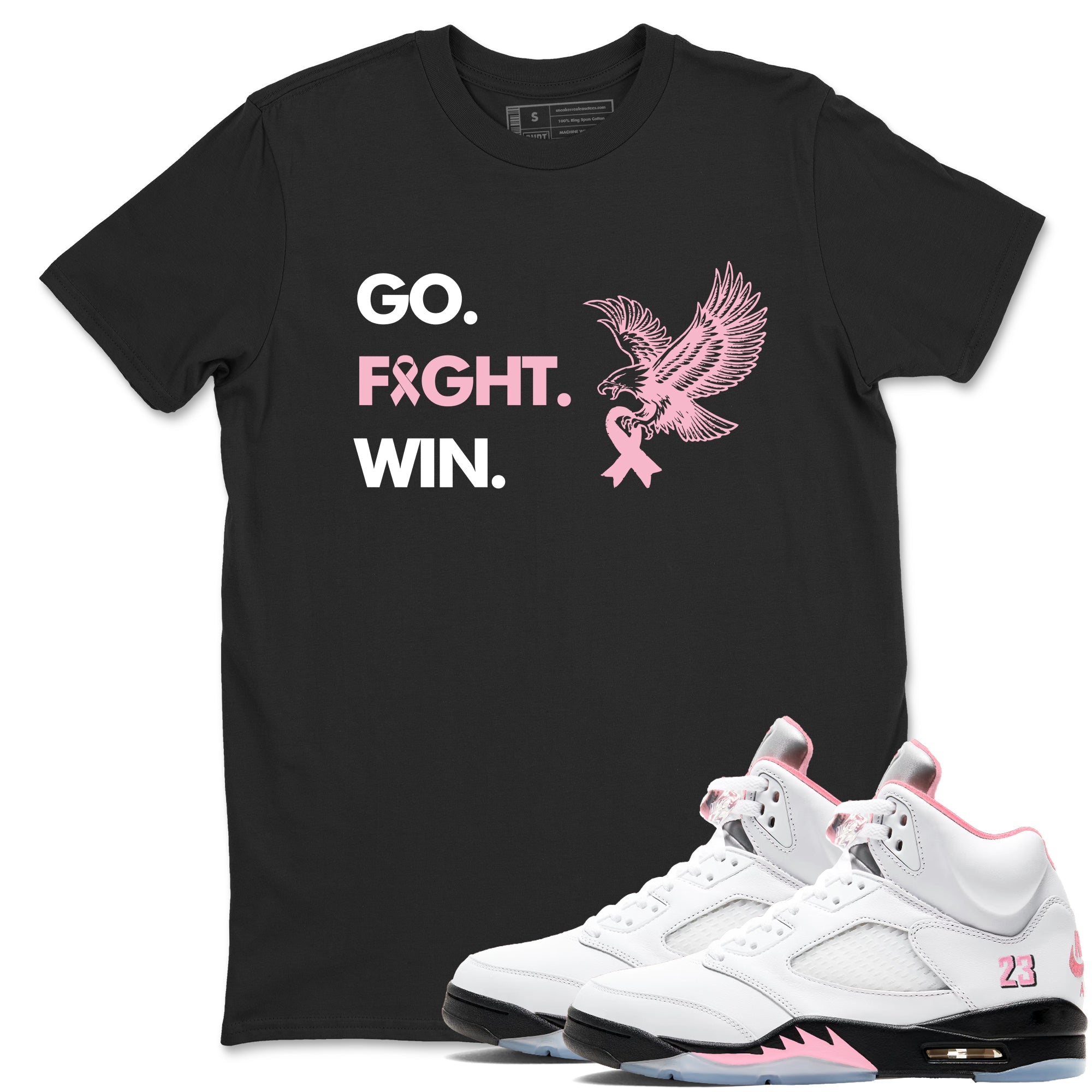 Sneaker Threads Sneaker Tees To Match Air Jordan 5 Medium Soft Pink Go Fight Win Graphic Tee Black 1. Perfect for Jordan releases 2025 colorways. breast cancer awareness.