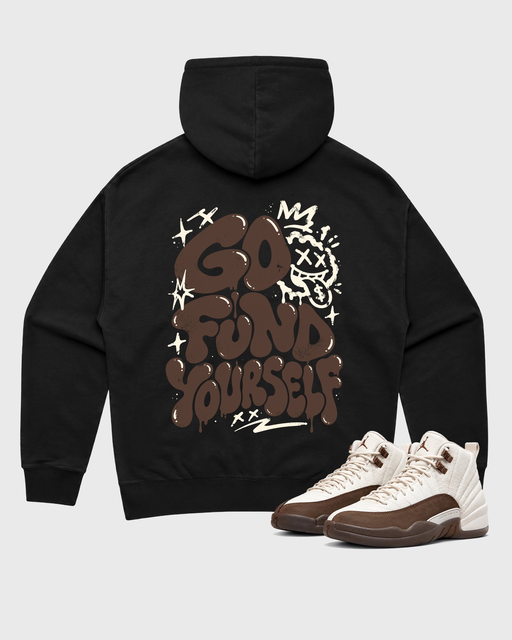 Go Fund Yourself Black Graphic Hoodie - 1, a sneaker matching hoodie designed to pair with Air Jordan 12 Retro Fireside sneakers for a coordinated sneaker outfit.