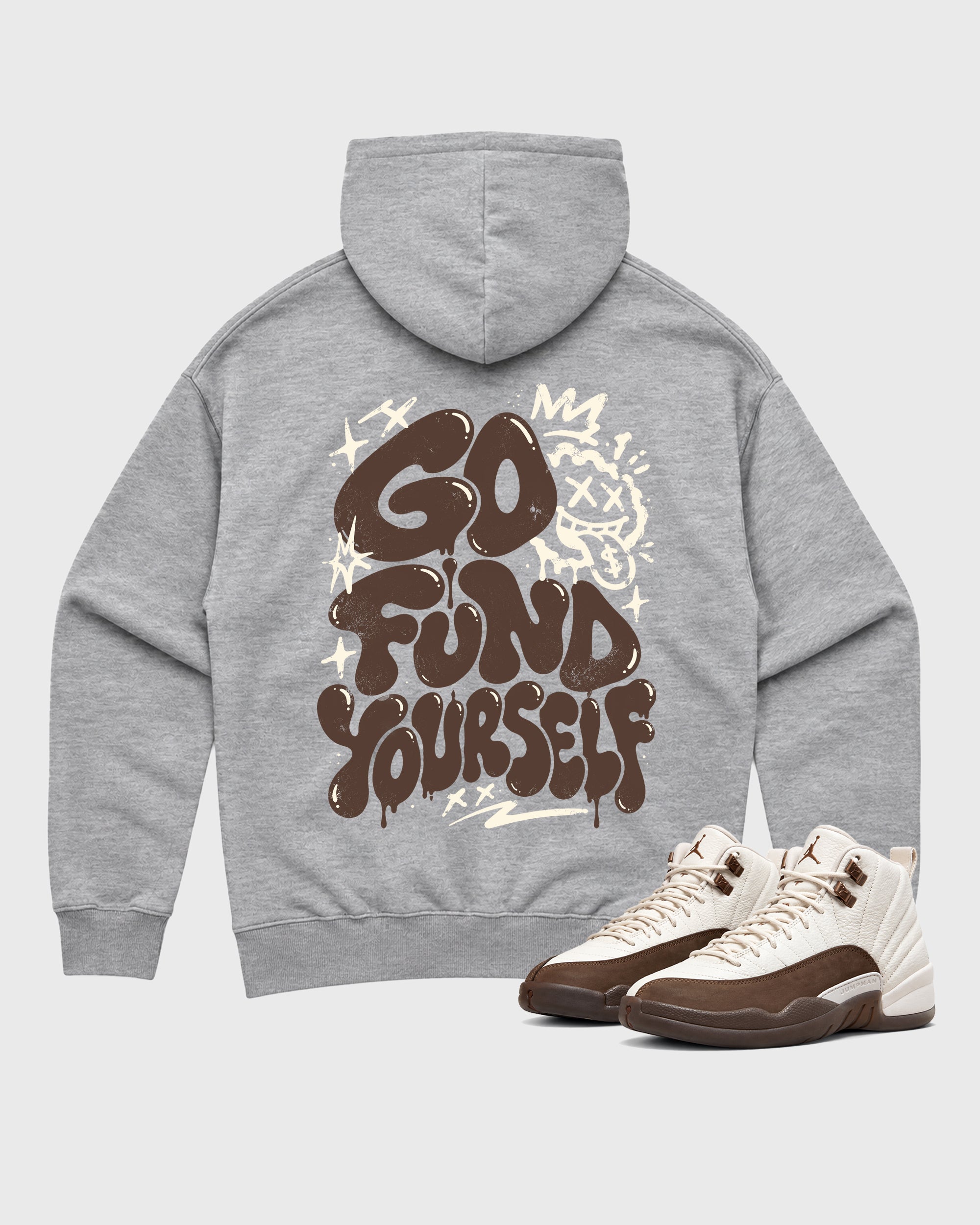 Go Fund Yourself Heather Grey Graphic Hoodie - 1, a sneaker matching hoodie designed to pair with Air Jordan 12 Retro Fireside sneakers for a coordinated sneaker outfit.