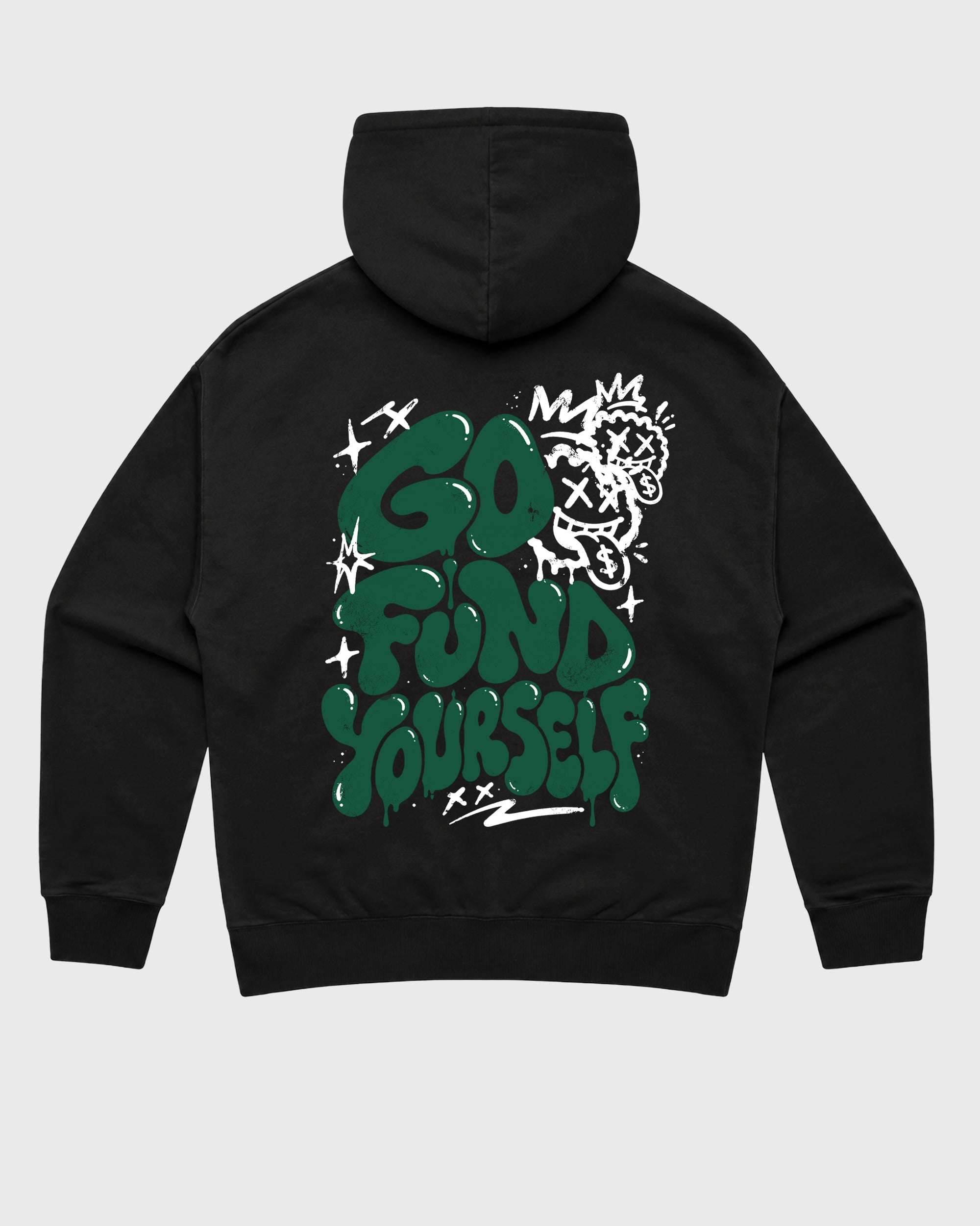 Go Fund Yourself Black Graphic Hoodie - 3, a graphic sneaker hoodie styled around Air Jordan 14 Retro Forest Green sneakers for a relaxed streetwear and sneaker look.