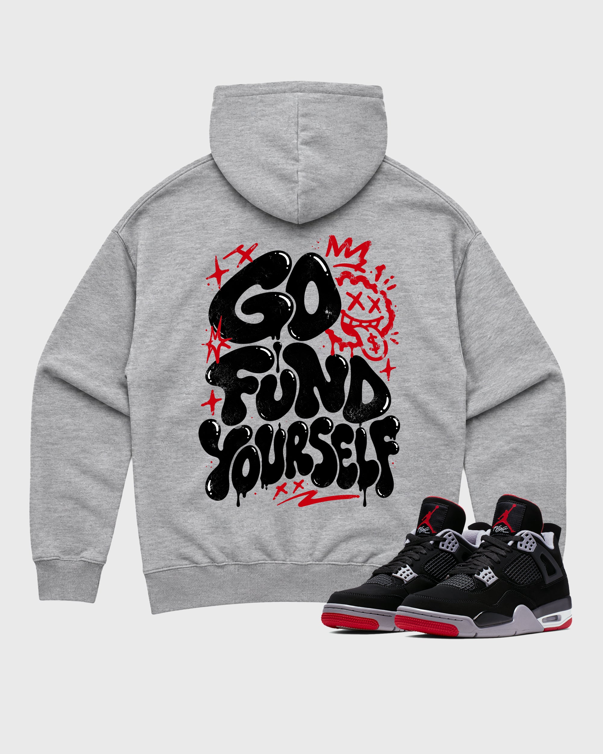 Go Fund Yourself Heather Grey Graphic Hoodie - 3, a graphic sneaker hoodie styled around Air Jordan 4 Bred sneakers for a relaxed streetwear and sneaker look.