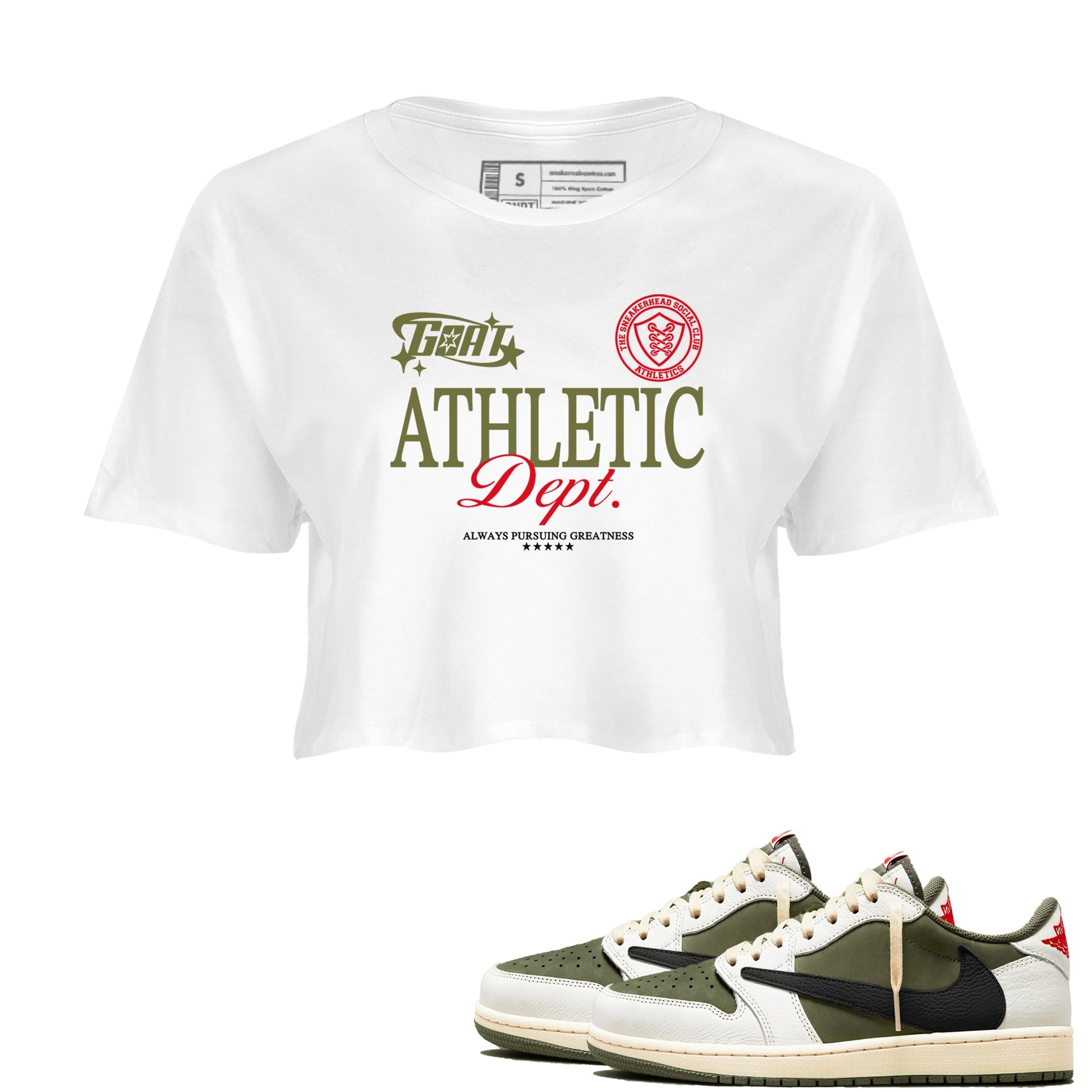 1s Travis Scott Medium Olive shirts to match jordans Goat Athletic Dept sneaker match tees Air Jordan 1 Travis Scott Medium Olive SNRT Sneaker Release Tees unisex cotton White 1 Crop Shirts