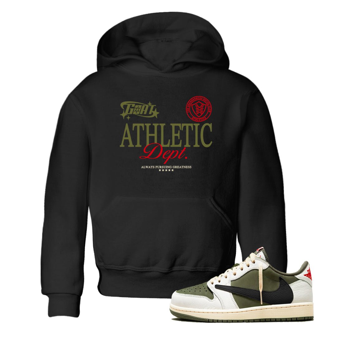 1s Travis Scott Medium Olive shirts to match jordans Goat Athletic Dept sneaker match tees Air Jordan 1 Travis Scott Medium Olive SNRT Sneaker Release Tees Youth Baby Black 1 crew neck shirts