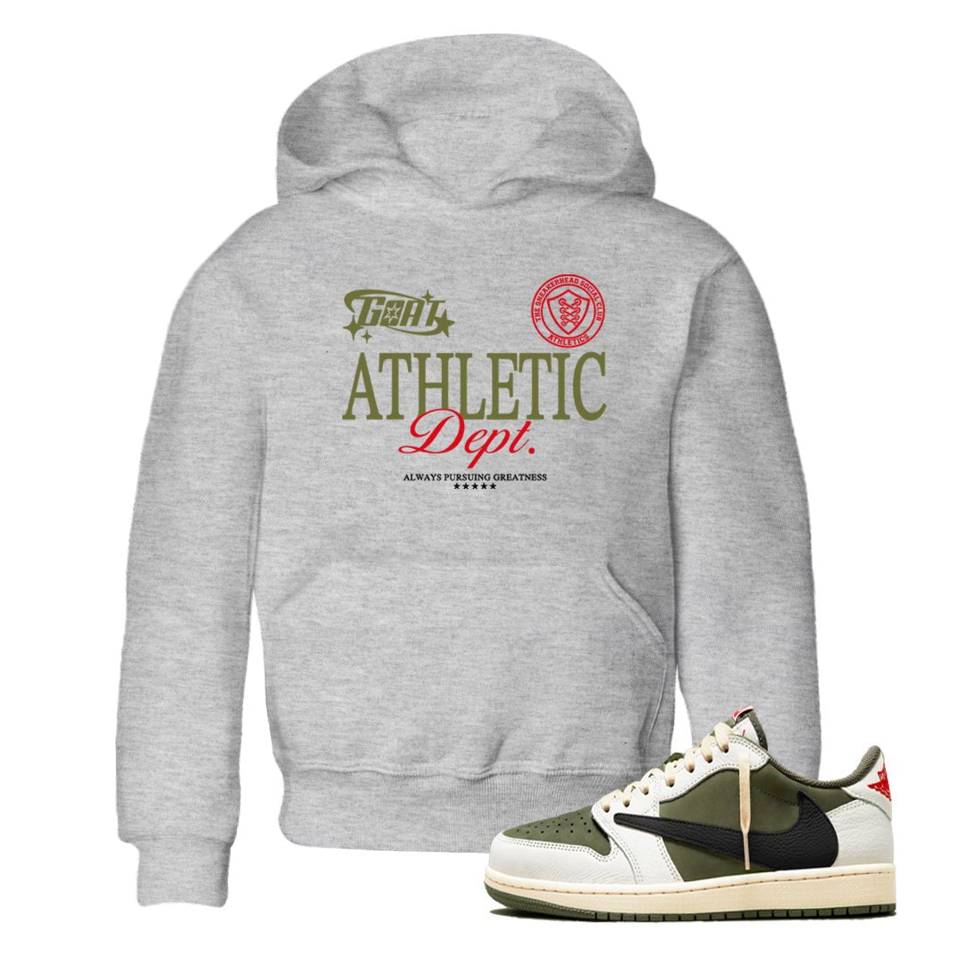 1s Travis Scott Medium Olive shirts to match jordans Goat Athletic Dept sneaker match tees Air Jordan 1 Travis Scott Medium Olive SNRT Sneaker Release Tees Youth Baby Heather Grey 1 crew neck shirts